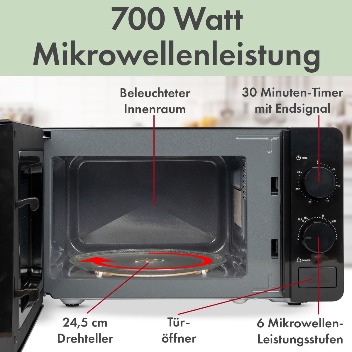 Clatronic® Kuchenka mikrofalowa z komorą i oświetleniem komory gotowania 20 l | Microwave z 6 poziomami mocy | urządzenie do mikrofal z minutnikiem 30 min | Mikrowelle z talerzem obrotowym Ø 24,5 cm |