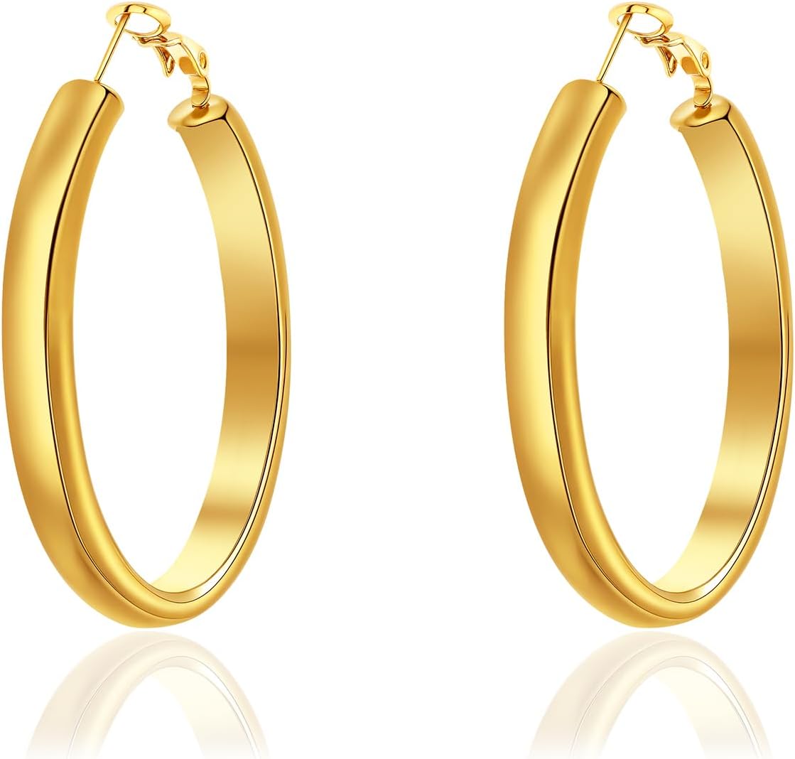 Gold Hoop Earrings for Women 40/50mm – Chunky Lightweight 14K Gold Plated Hoops with Secure Spring Buckle, Hypoallergenic Minimalist Jewelry for Everyday Wear