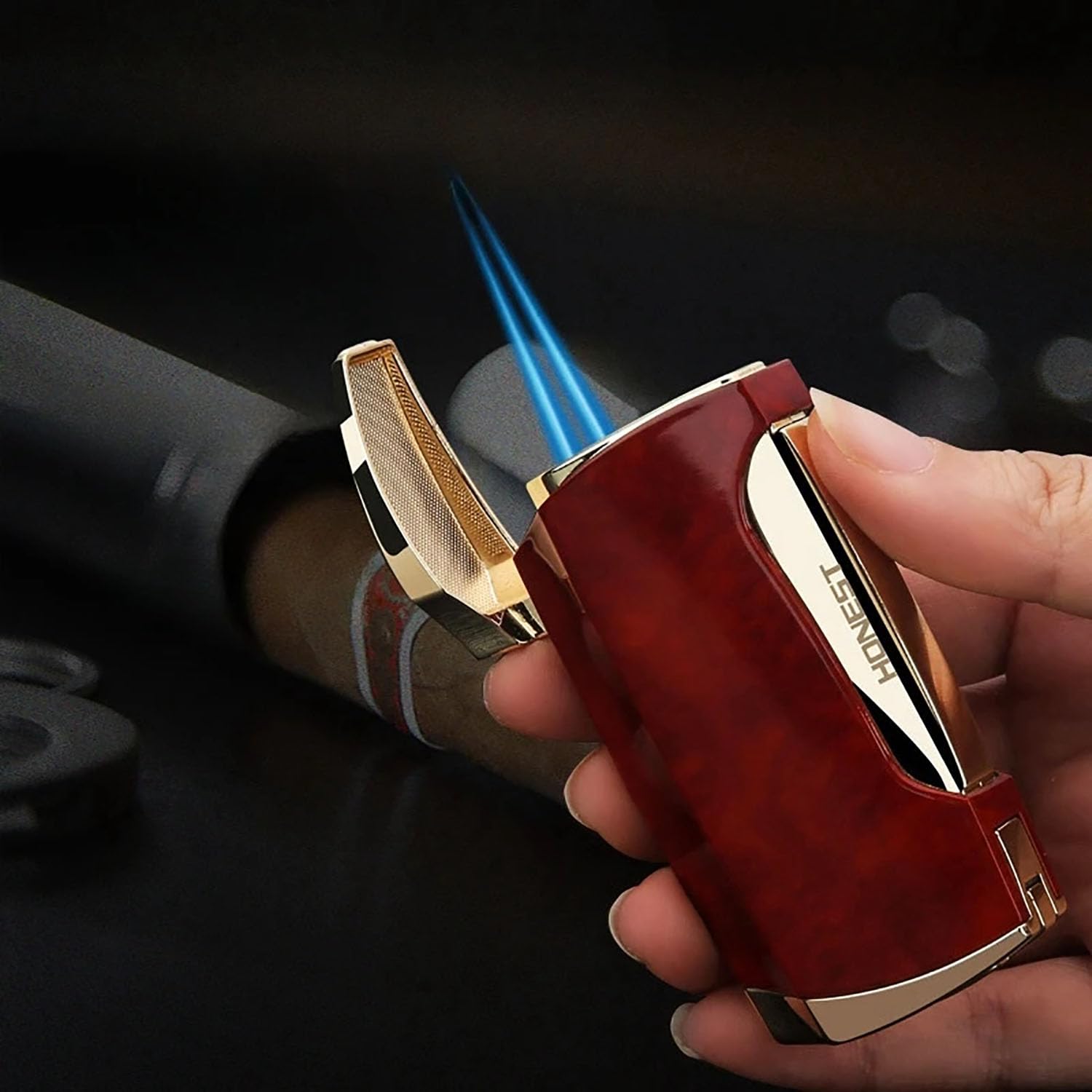 Mini Encendedor Chorro Doble Llama Más Ligero de Gas Butano Recargable y Ajustable con Perforador de Cigarros para Hombres y Mujeres (sin Gas),Red