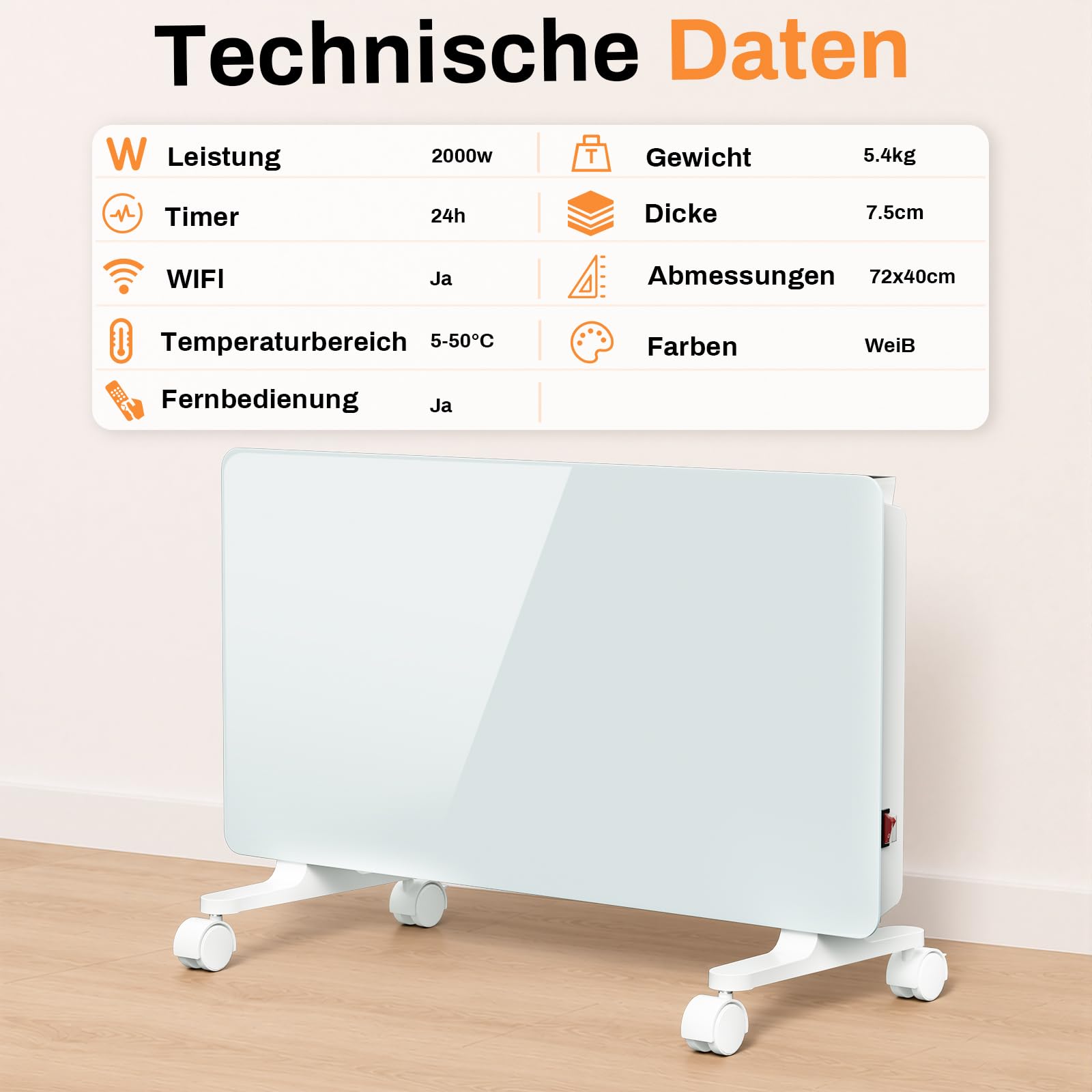 Duisech ogrzewanie konwektorowe, 2000 W, Wi-Fi, termostat, szklany front