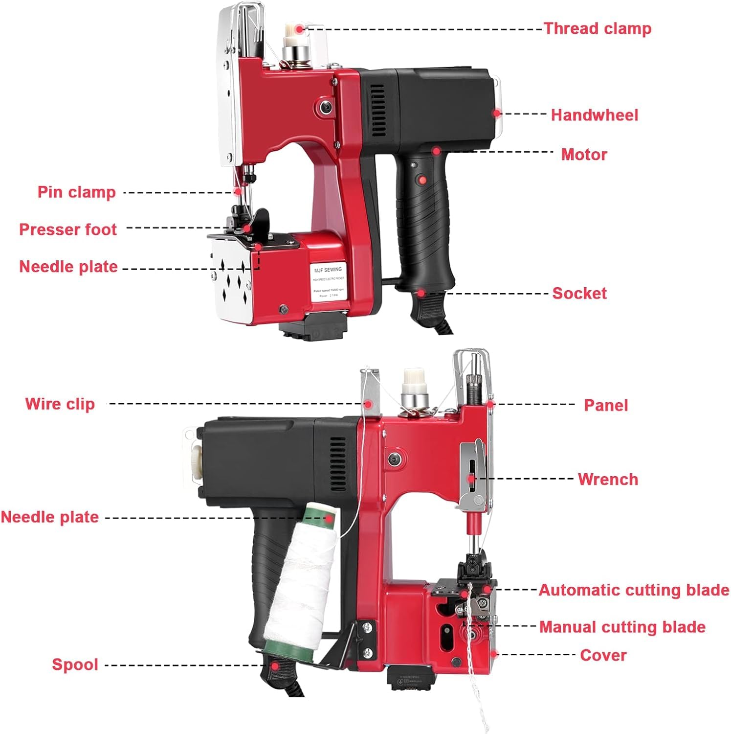 Maquina de Coser Portátiles,220V cosedora de sacos,2600 puntadas/minuto Selladora Eléctrica para Sacos, Bolsas Tejidas y Bolsas de Papel(Rojo)