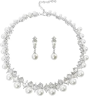 AILUOR Pearl Jewelry Set for Women, 14K Gold/Silver Plated Pearl Necklace and Earring Set Pearl Drop Earrings Pearl Bracel...