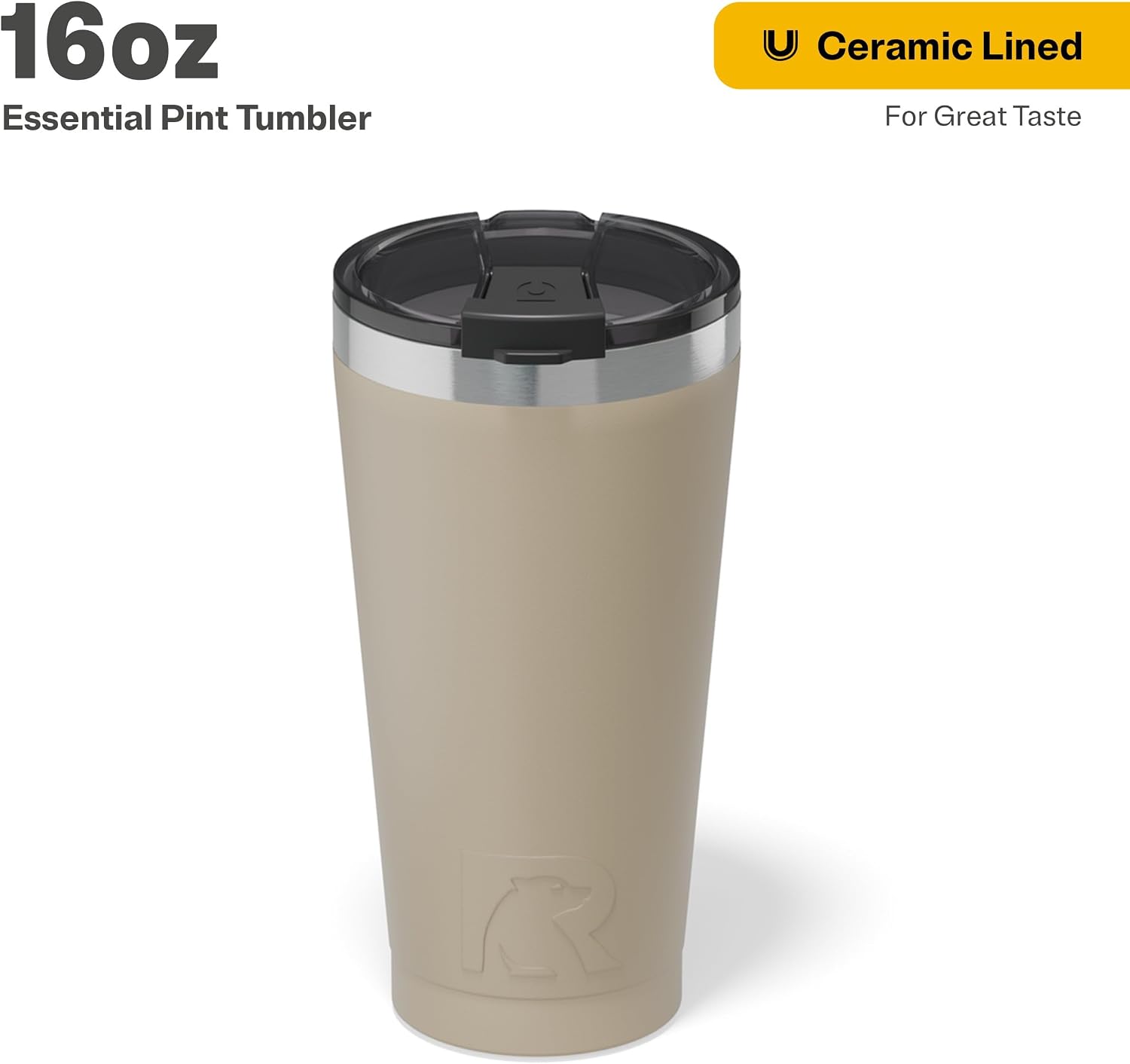 RTIC 16oz Essential Pint Tumbler with Lid, Ceramic Lined, Insulated, Stainless Steel, Metal, Double Wall Vacuum-Insulation, Portable Travel Cup for Beer, Iced Coffee, Tea, Hot and Cold Drink, Beach