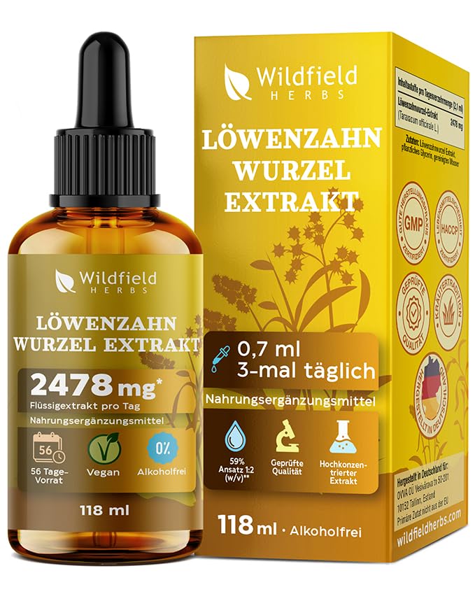 118 ml Löwenzahnwurzelextrakt Tropfen - 2.478 mg Löwenzahn Extrakt - 2-Monats-Vorrat - Produziert in Deutschland - Dandelion Root Extract Flüssigextrakt Nahrungsergänzung - Alkohol- & zuckerfrei