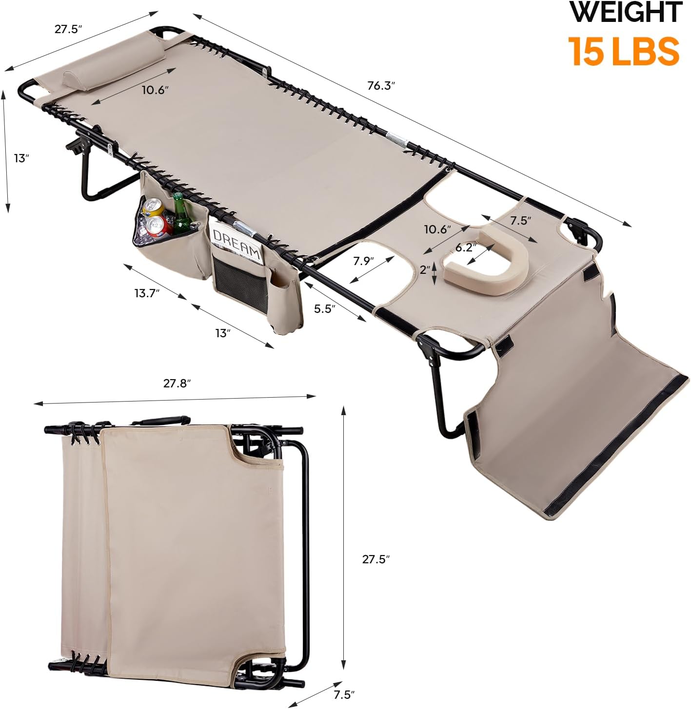 VINGLI Oversized Tanning Chair with Face Hole & Carrying Bag, Beach Lounge Chair Outdoor for Adults, Folding Lounge Chair for Sun Tanning, Laying Out Chairs for Tanning Lounger Outside, 475lbs, Beige