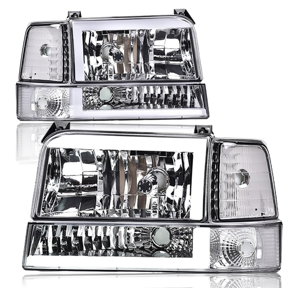 PIT66 LED BAR Headlight Assembly Compatible with 1992-1996 Ford F150/F250/F350 Bronco 1992 1993 1994 1995 1996 Headlamps w/Corner Signal Bumper Lamps