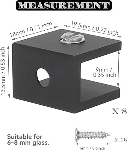 Miniatura 3 de Soportes pequeños para estantes de vidrio, abrazaderas pequeñas para vidrio de 14 de pulgada, aleación de aluminio sin taladrar sobre vidrio, negro