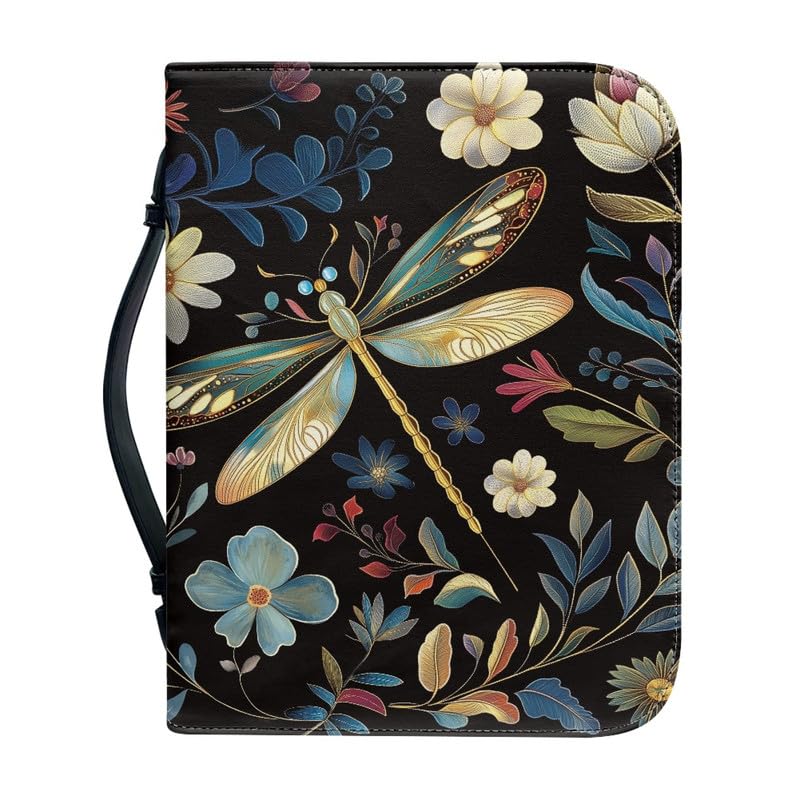 Kuiaobaty Dragonfly Flowers Book Cover Organizer Bag with Pen Pockets, Vegan PU Leather Book Case Handle, Fits Standard Size Bible,2XL — image 1