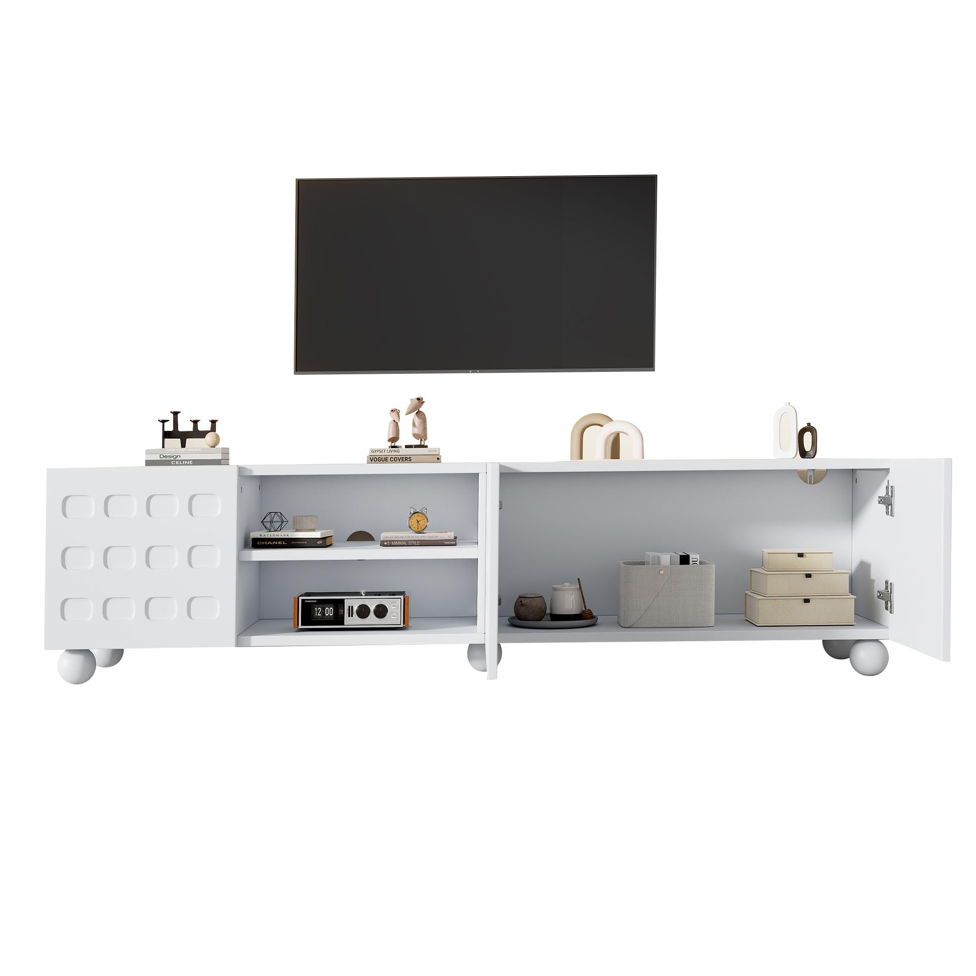 Meuble TV blanc de 200 cm avec design imprimé et 5 pieds, 200 cm de large, avec beaucoup d'espace de rangement, stable et moderne