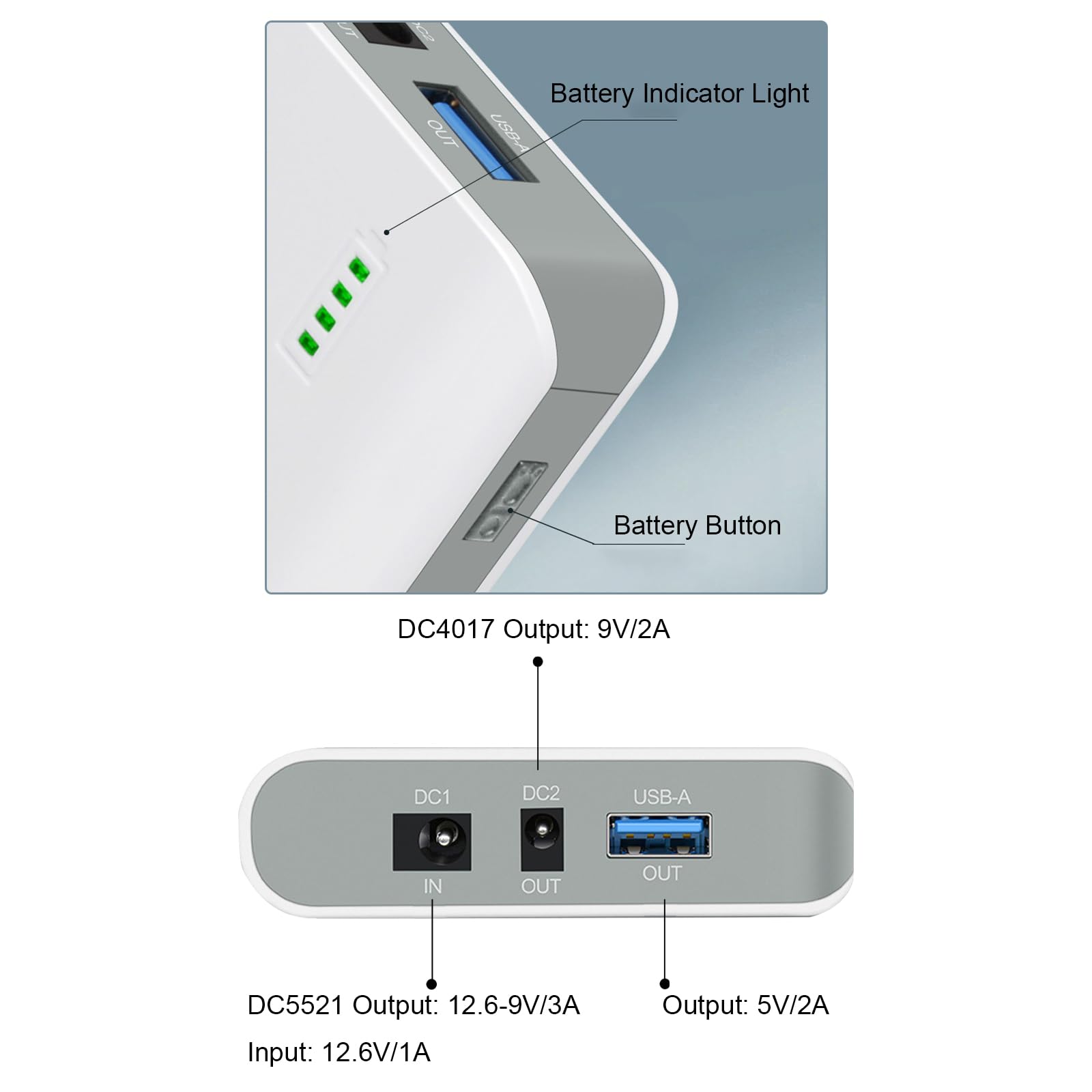 Akumulator litowo-jonowy 15600 mAh 57 Wh z ładowarką Wyjście 12 V 9 V DC i 5 V USB do taśm LED, taśm świetlnych, laptopów, kamer CCTV i innych 9-12,6 V DC5521