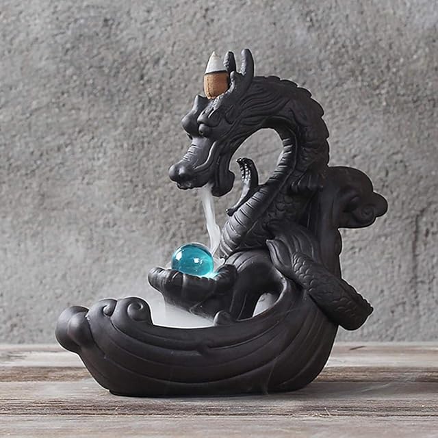 Dragon Backflow Incense Burner Handmade Ceramic Incense Holder with Glass Bead and 10pcs Backflow Incense Cones