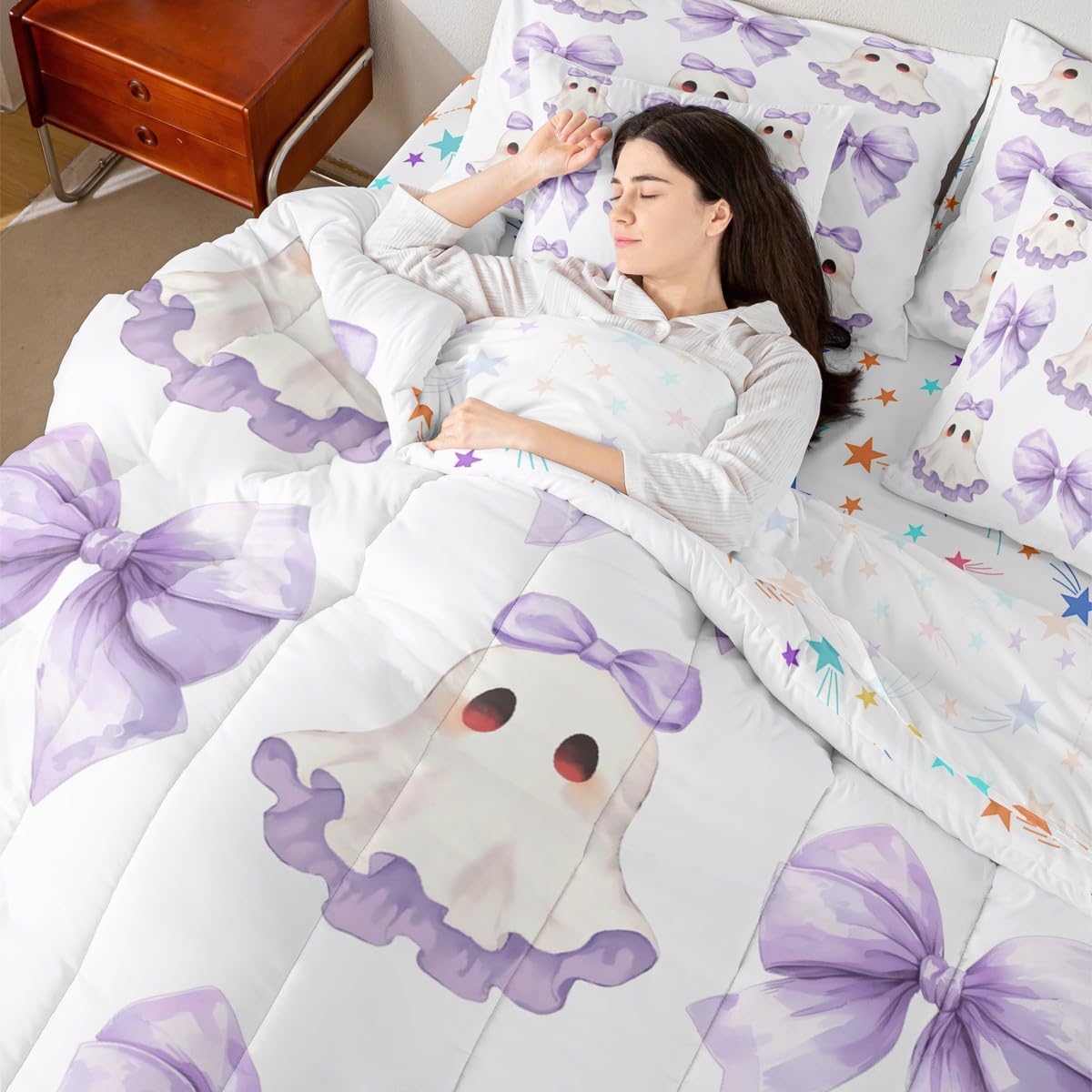 Erosebridal Gothic Spooky 7 Pcs Bedding Set Purple Bowknot Ghost Queen Comforter Set for Boys Girls Kids Coquette Bow Halloween Bed in A Bag with Flat and Fitted Sheet Cartoon Kawaii Bed Set