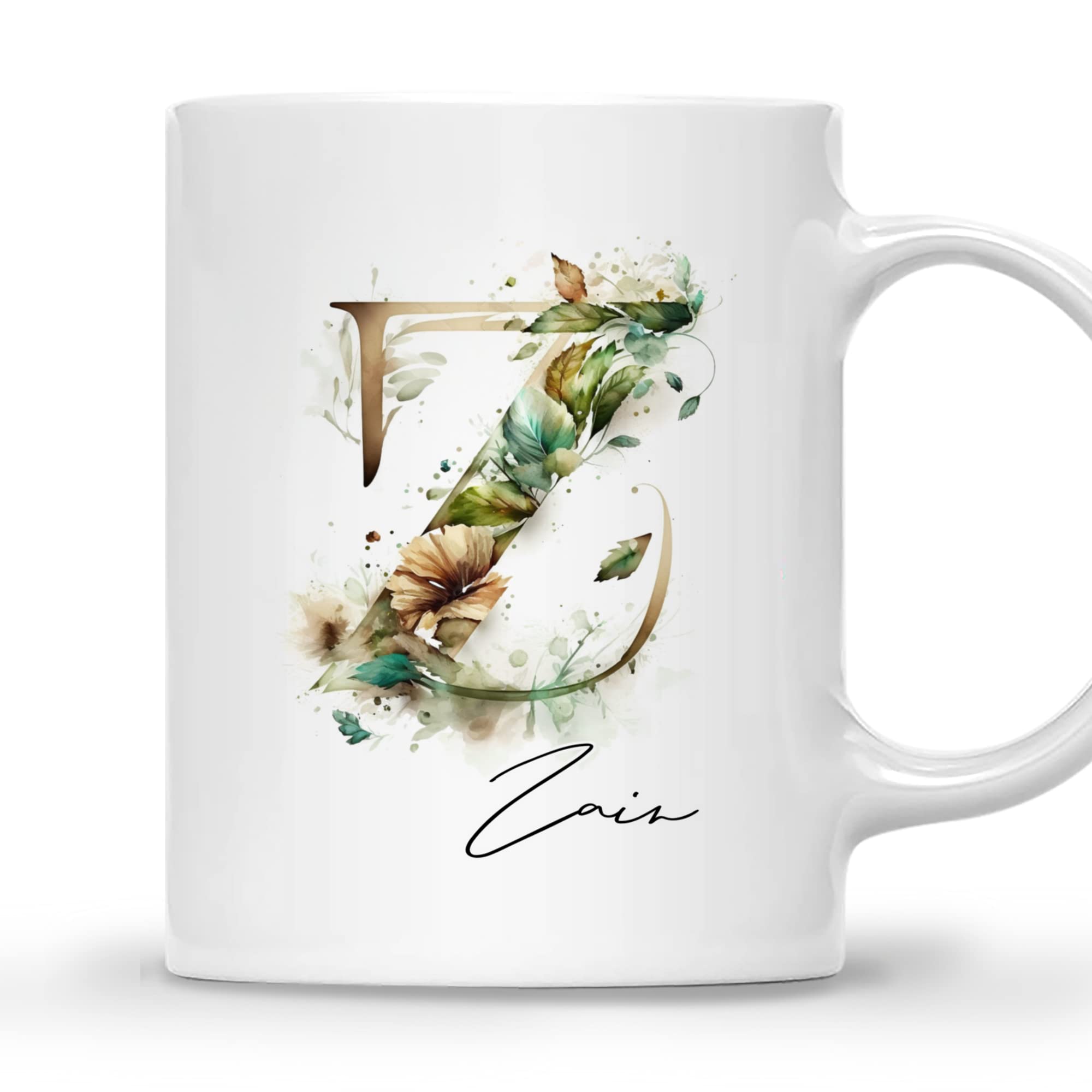 Gossby Personalized Name Mug - Custom Initial Letter Monogrammed Floral Emerald Pattern Alphabet White Coffee Mug - Letter Z Coffee Mug & Cup - Custom Gift for Women/Mom/Grandma/Sister/Friend