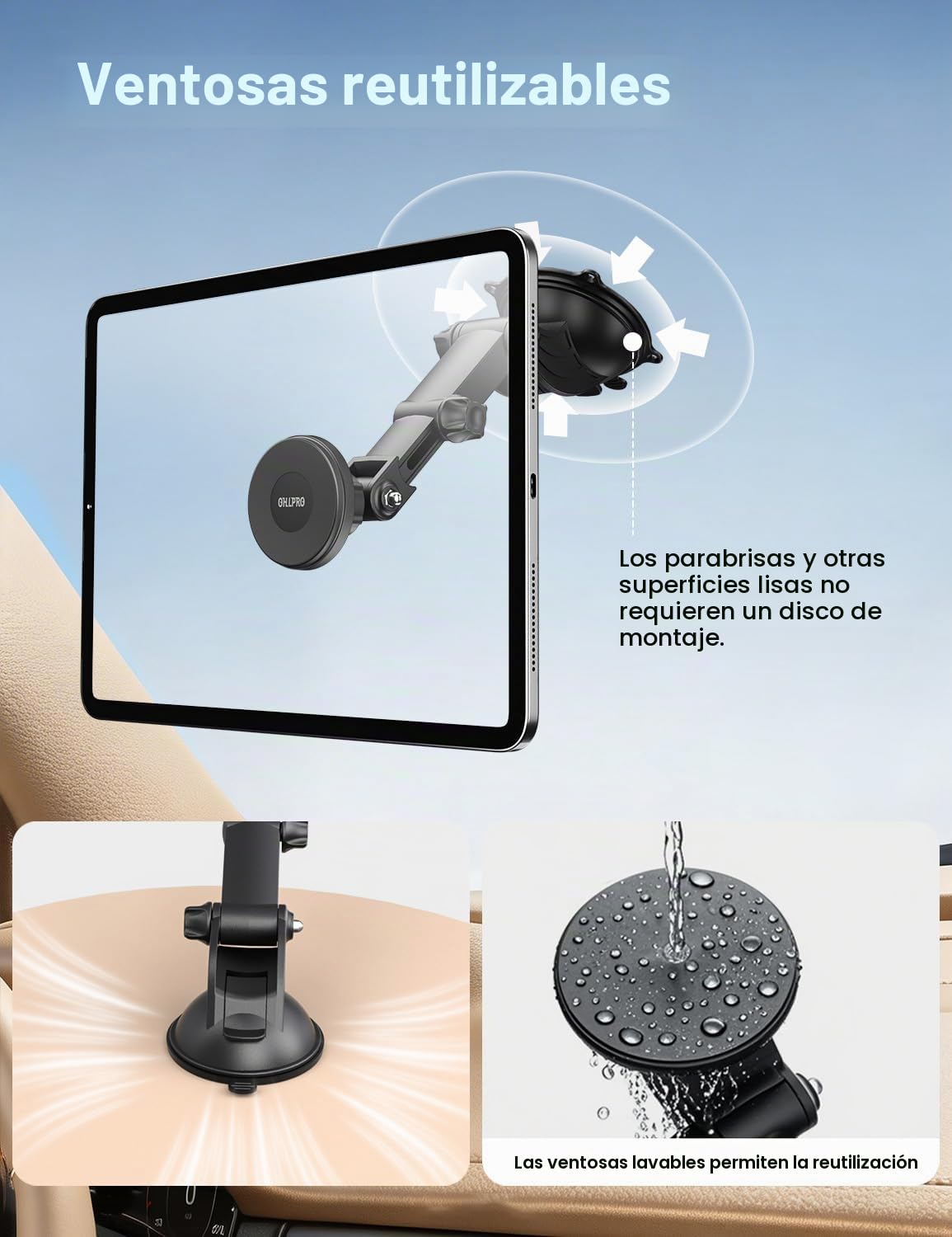 OHLPRO Magnético Soporte Tablet Coche con Ventosa Ultra Fuerte, Soporte iPad Coche Parabrisas y Salpicadero Rotación de 360 Brazo Extensible Compatible con iPad Galaxy Tab Phones y Tablets 4-13