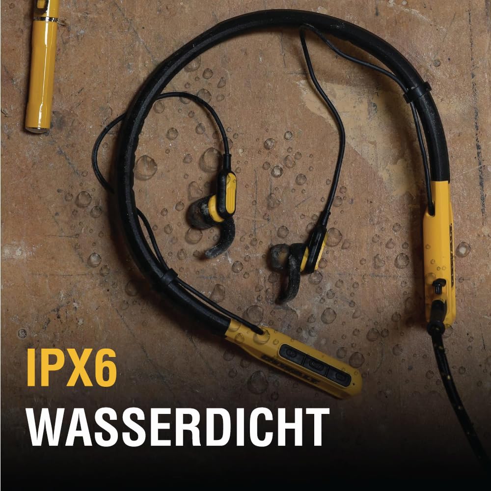 DEWALT Heavy-Duty Magnetische Bluetooth Nackenbügel-Kopfhörer – Kabellose Earbuds mit 30 Std. Laufzeit, Geräuschisolierung, Freisprech-Mikrofon (Gelb)