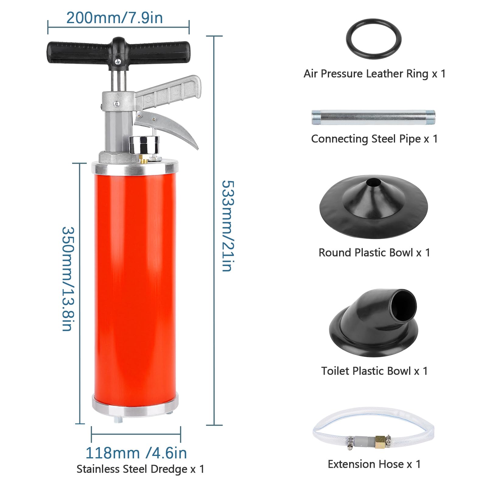 Bomba de drenaje de aire portátil cinético de alta presión para baño, ducha, cocina, tubo obstruido (rojo)