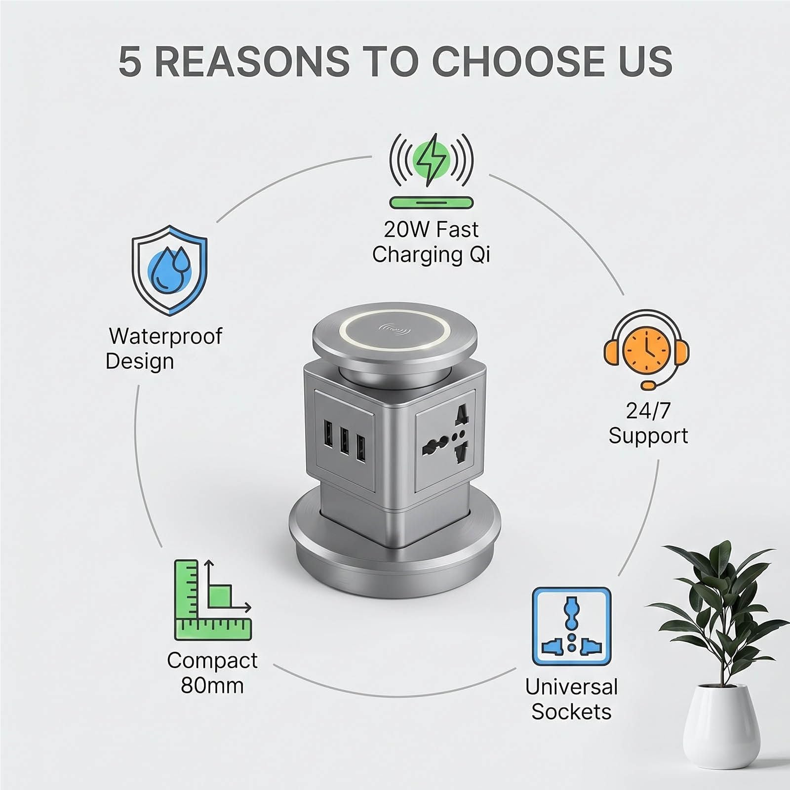 Colonne Multiprise Escamotable avec Charge sans Fil 4 Prises AC Ports USB-C et USB-A Prise Encastrable Resistante aux Eclaboussures pour Ilot de Cuisine Bureau Prise de Plan Travail(White)