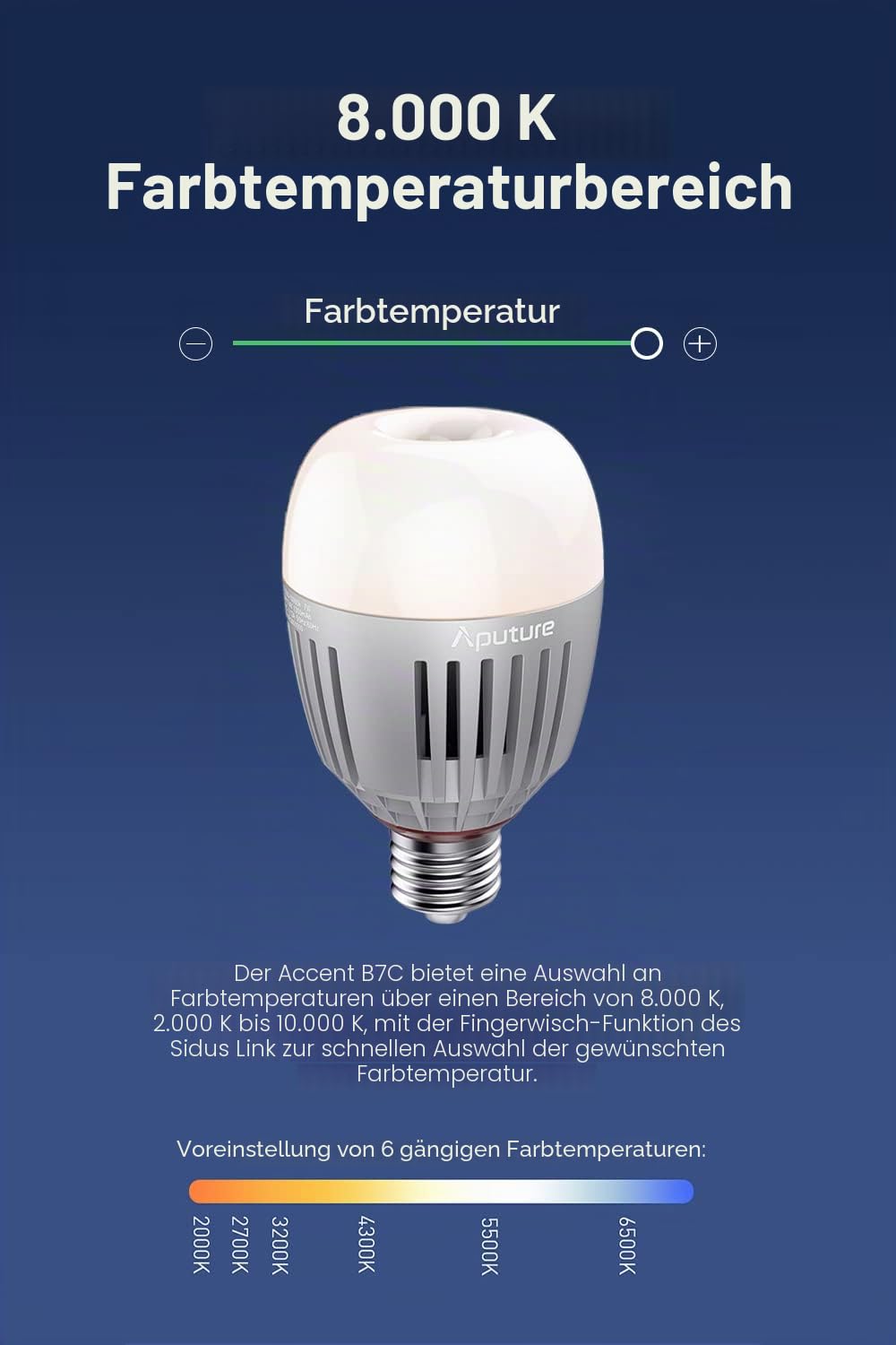 Aputure Accent B7C Smart Led Glühbirnen 7W RGBWW, TLCI 96+ CRI 95+ 2.000-10.000K, Einstellbar 0-100% Stufenlos Dimmbar, CCT/HSI/FX Modus Sidus Link App, Steuerung Eingebaute Batterie/AC Power