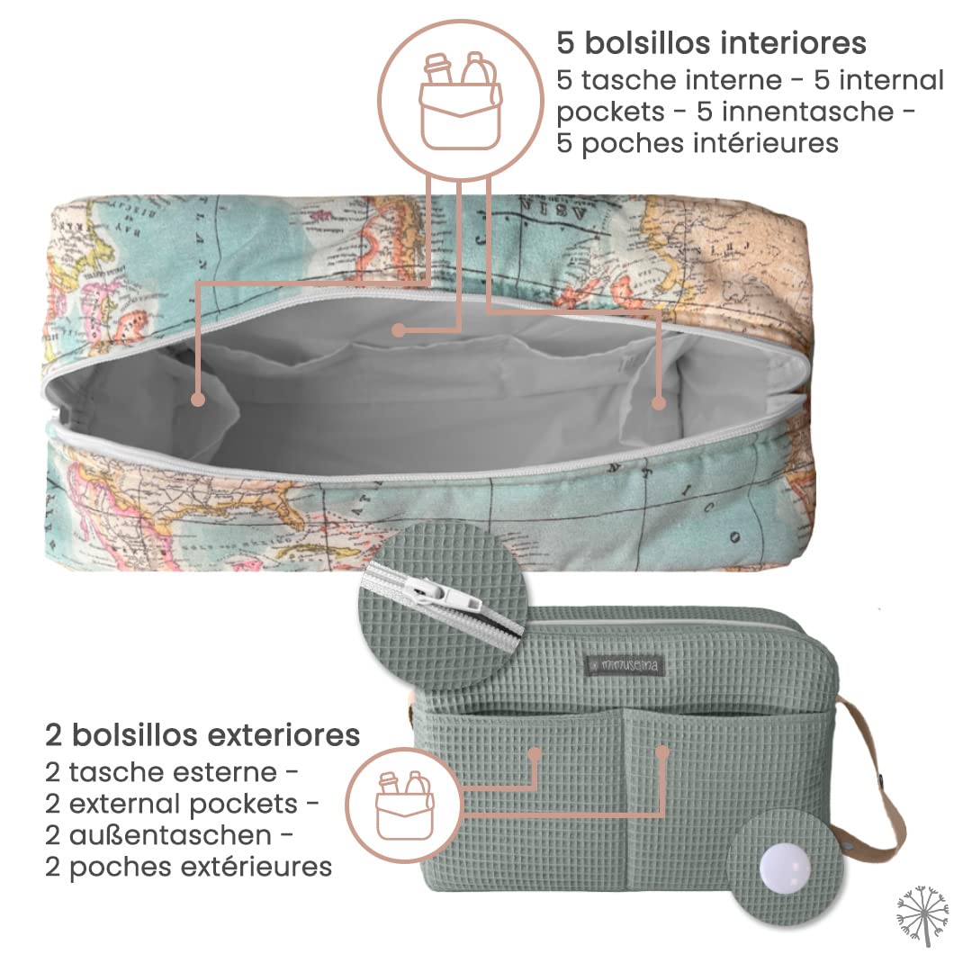 MIMUSELINA Sac Poussette | Grand Organisateur Poussette pour Bébé | Organisation Totale avec 7 Poches | À Porter à l’Épaule ou à Fixer sur la Poussette sans Crochets | Fabriqué en Espagne