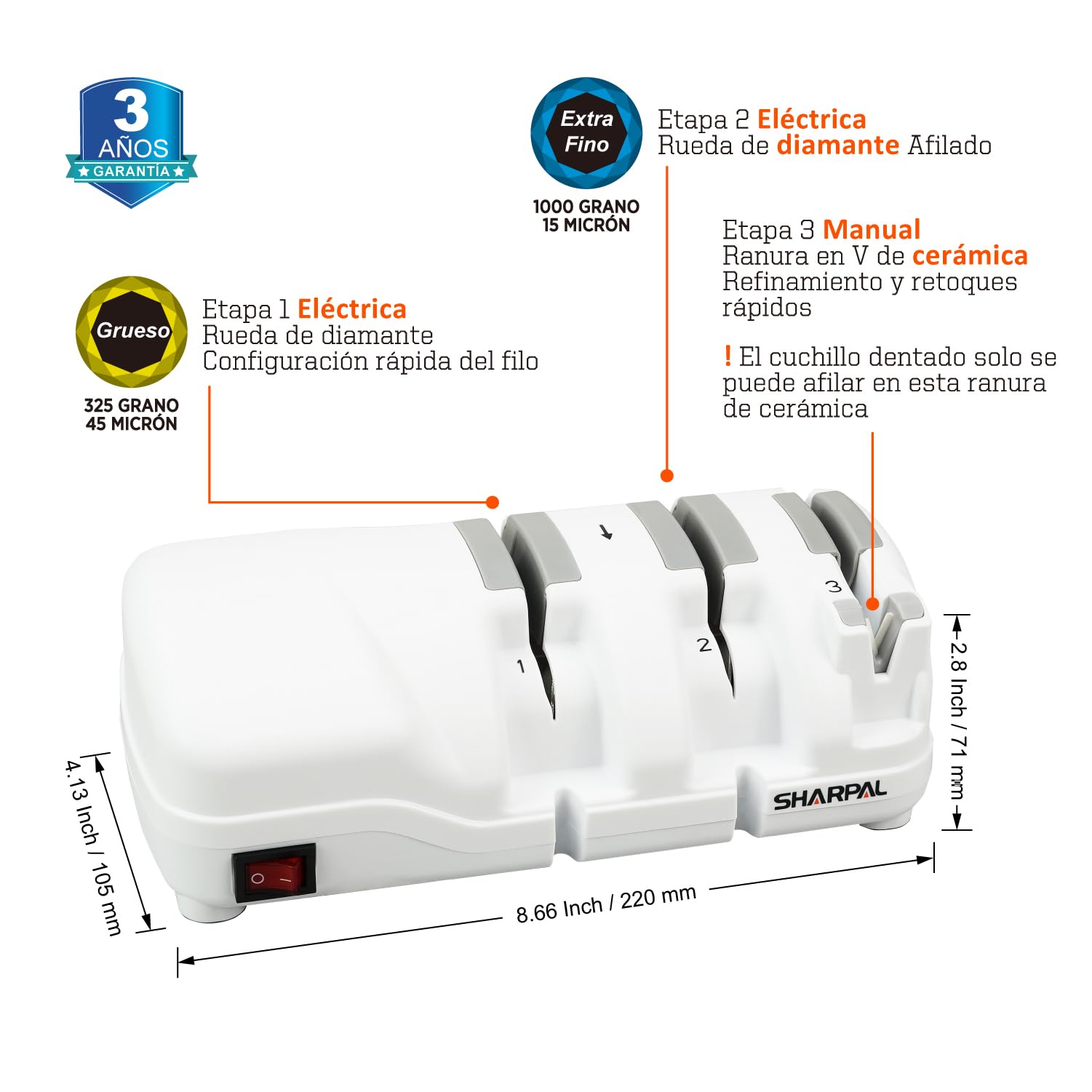 Afilador de cuchillos eléctrico SHARPAL 198H - Sistema de afilado profesional de 3 etapas con diamante, adecuado para cuchillos de doble bisel y dentados, resultados rápidos y nítidos, poco ruido