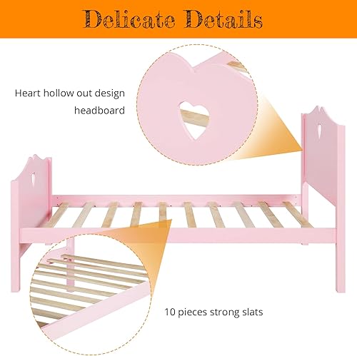 Miniatura 3 de AOCOROE Base de cama individual para cama de princesa para niñas, cama de plataforma de madera rosa tamaño individual con cabecero, tabla de pie y