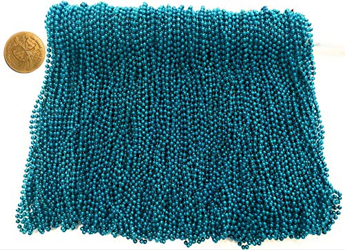 Mardi Gras Beads 33 inch 7mm, 12 Dozen, 144 Pieces, Turquoise Blue Necklaces with Doubloon