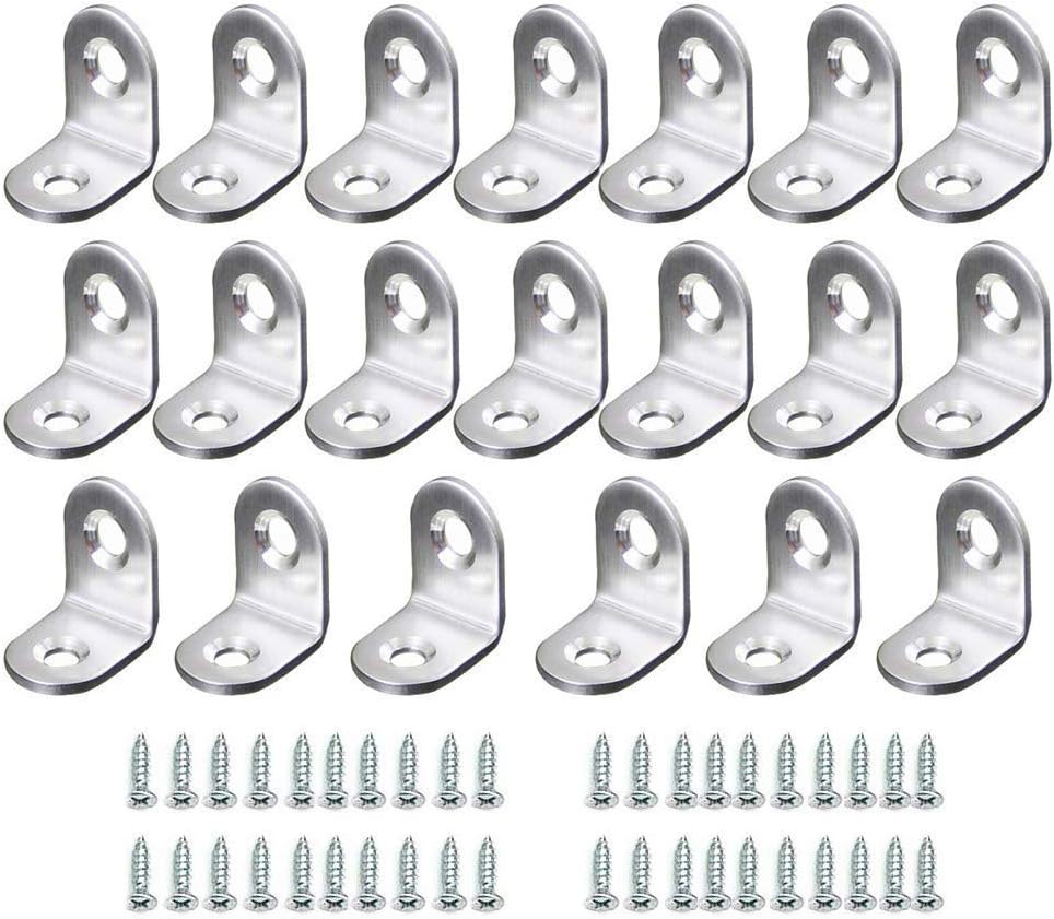 Pack of 20 Right Angle Brackets LMYTech 90 Degree Right Angle Brackets Stainless Steel Heavy Duty "L" Corner Brace 20mm*20mm Comes With Screws-Silver