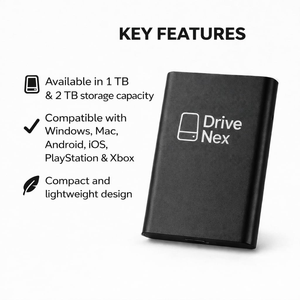 DriveNex SSD 2TB | Disco rigido esterno | 2 Terabyte | Adatto a tutti i sistemi operativi | Archiviazione dati | Disco rigido esterno | Disco rigido esterno (Nero)