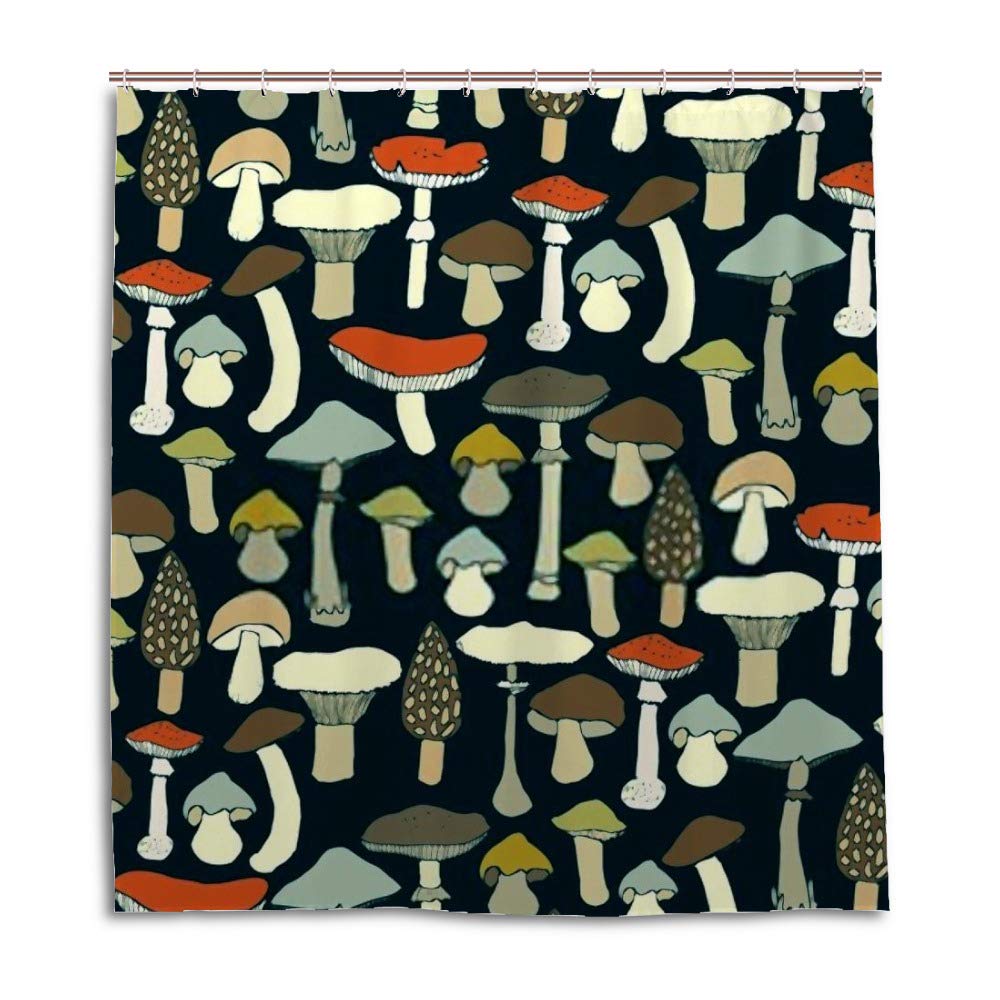 Rideau de douche imperméable à motif champignons avec crochets en C lavable