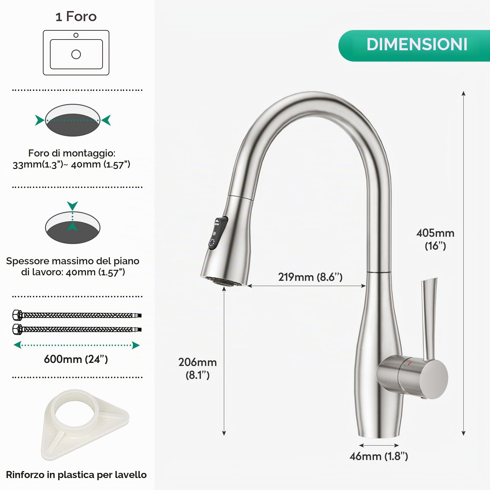 CREA Rubinetto Cucina con Doccetta Estraibile, Miscelatore a 3 Modalità, con Docking Magnetico, Girevole a 360°, Acciaio Inox