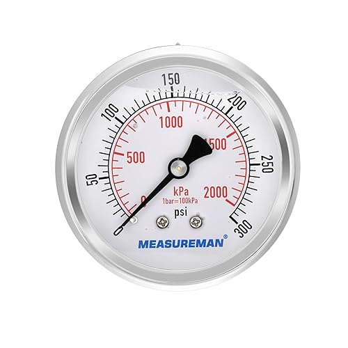 MEASUREMAN - Manómetro relleno de líquido, tamaño del dial de 2.5 pulgadas, 0 a 300 psi2000 kPa, caja de acero inoxidable 304, montaje trasero NPT