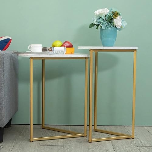 Miniatura 7 de LBSLMJB Juego de 2 mesas auxiliares, marco dorado circular y patrón de mármol, fácil de montar para sala de estar, dormitorio, apartamento, mesas de