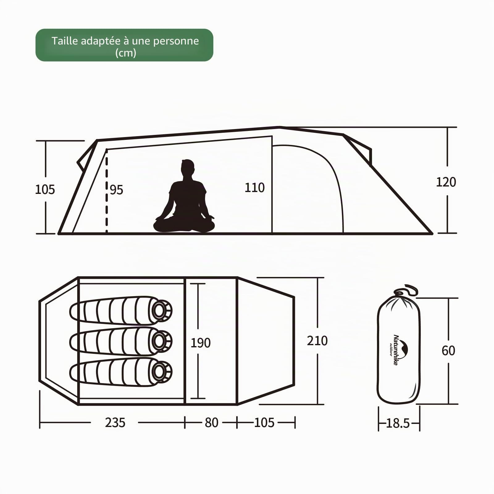 Naturehike Opalus Tente Tunnel 2/3 Personnes Familiale Spacieuse et Légère avec Auvent Sac à Dos 4 Saisons pour Le Camping Backpacking Outdoor