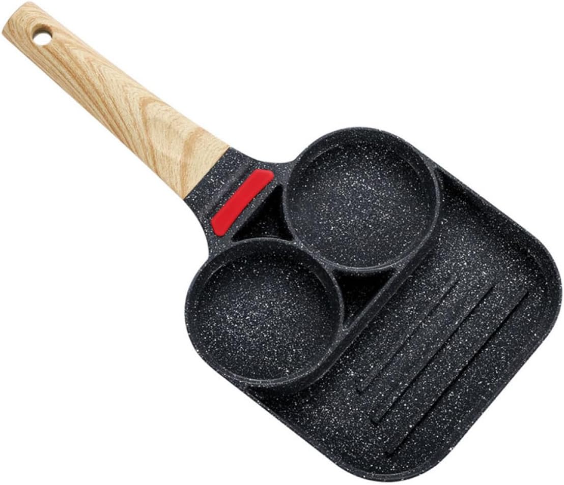 VANZACK Nonstick 3-compartment Egg Frying Pan Breakfast Omelette Skillet Wood Grain Black Heat-sensitive Bacon Pan for Home Kitchen Cooking
