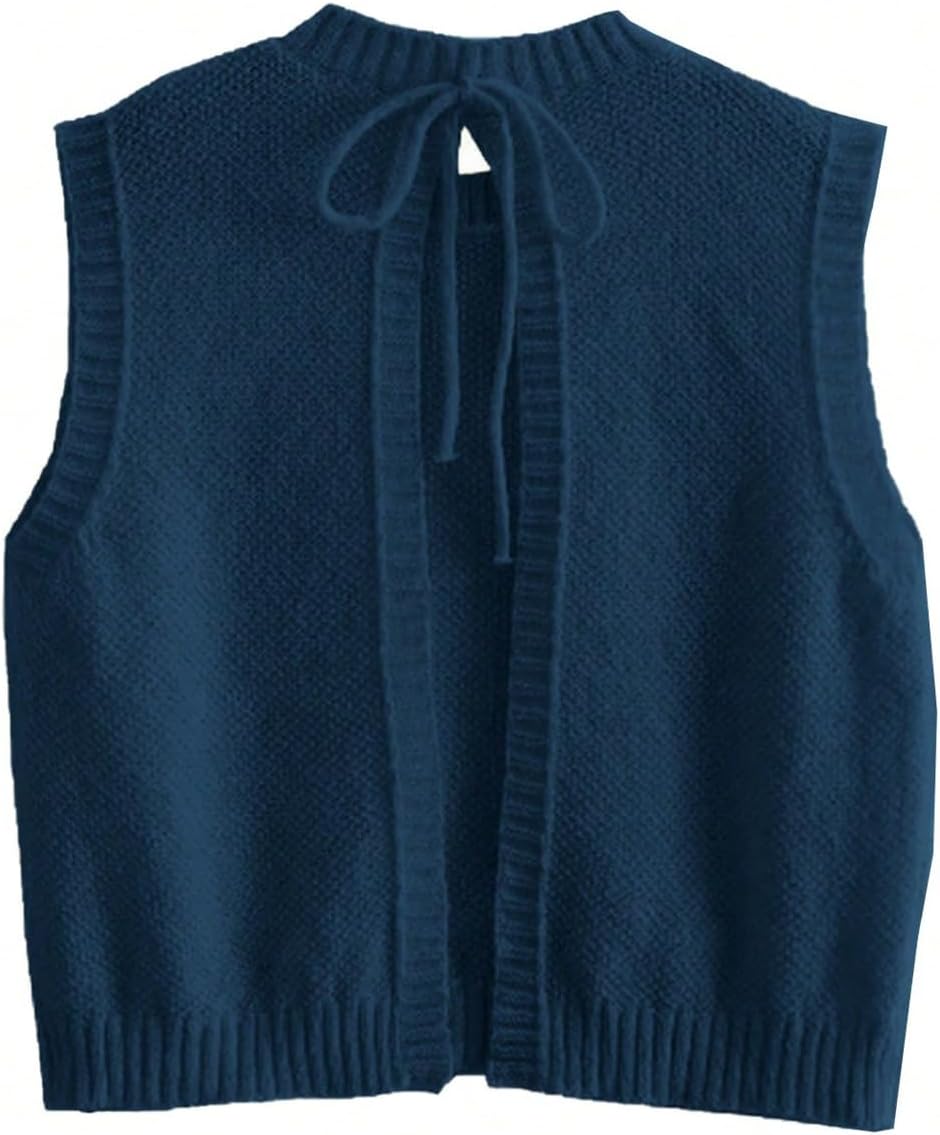 GORGLITTER Women's Cropped Backless Sweater Vest Y2k Open Back Bow Tie Knit Tops Sleeveless Pullover Tank Top - Image 5