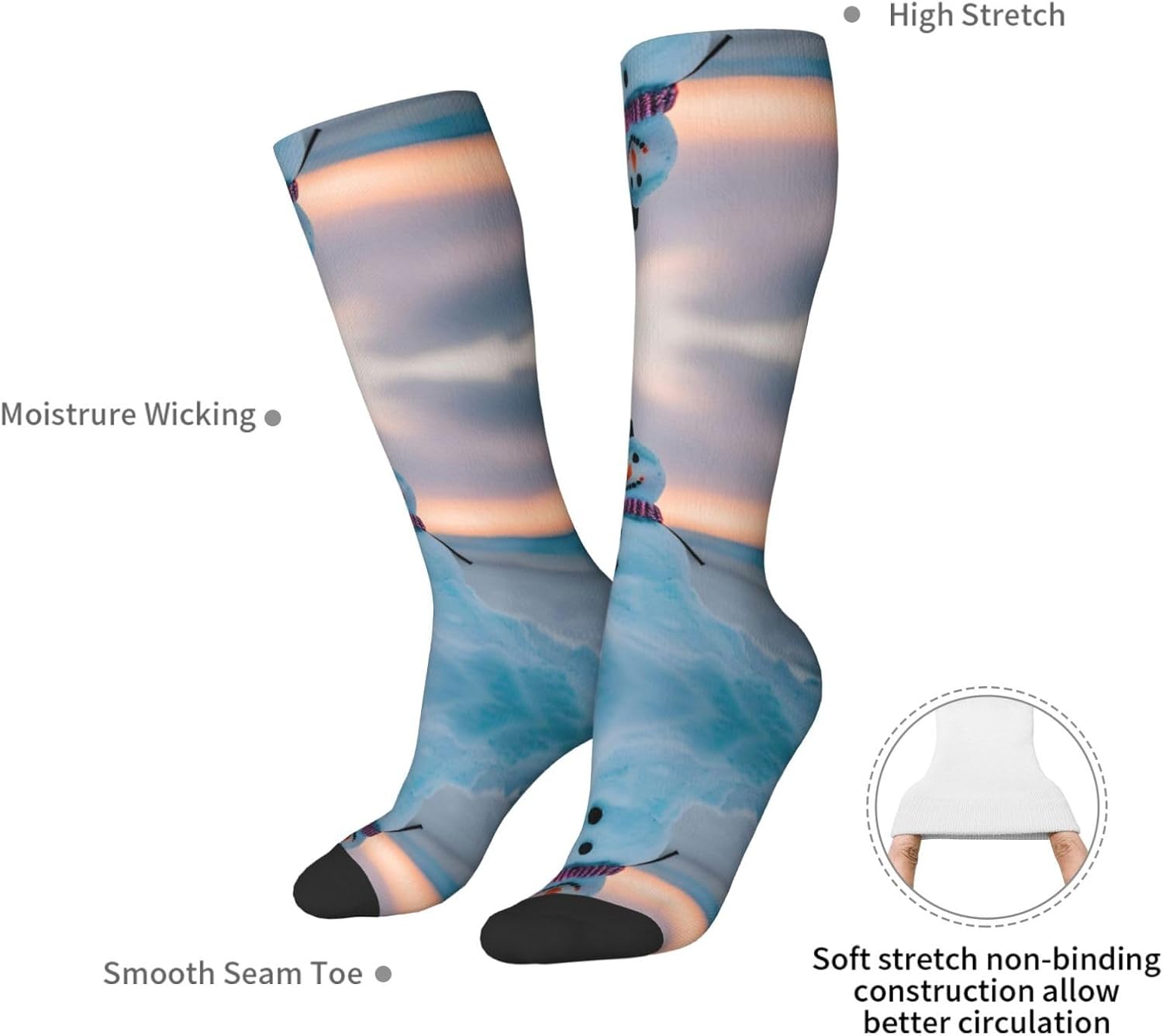 Beach Snowman Print Breathable Crew Neck Athletic High Socks,Suitable For Sports,Running,And Travel.