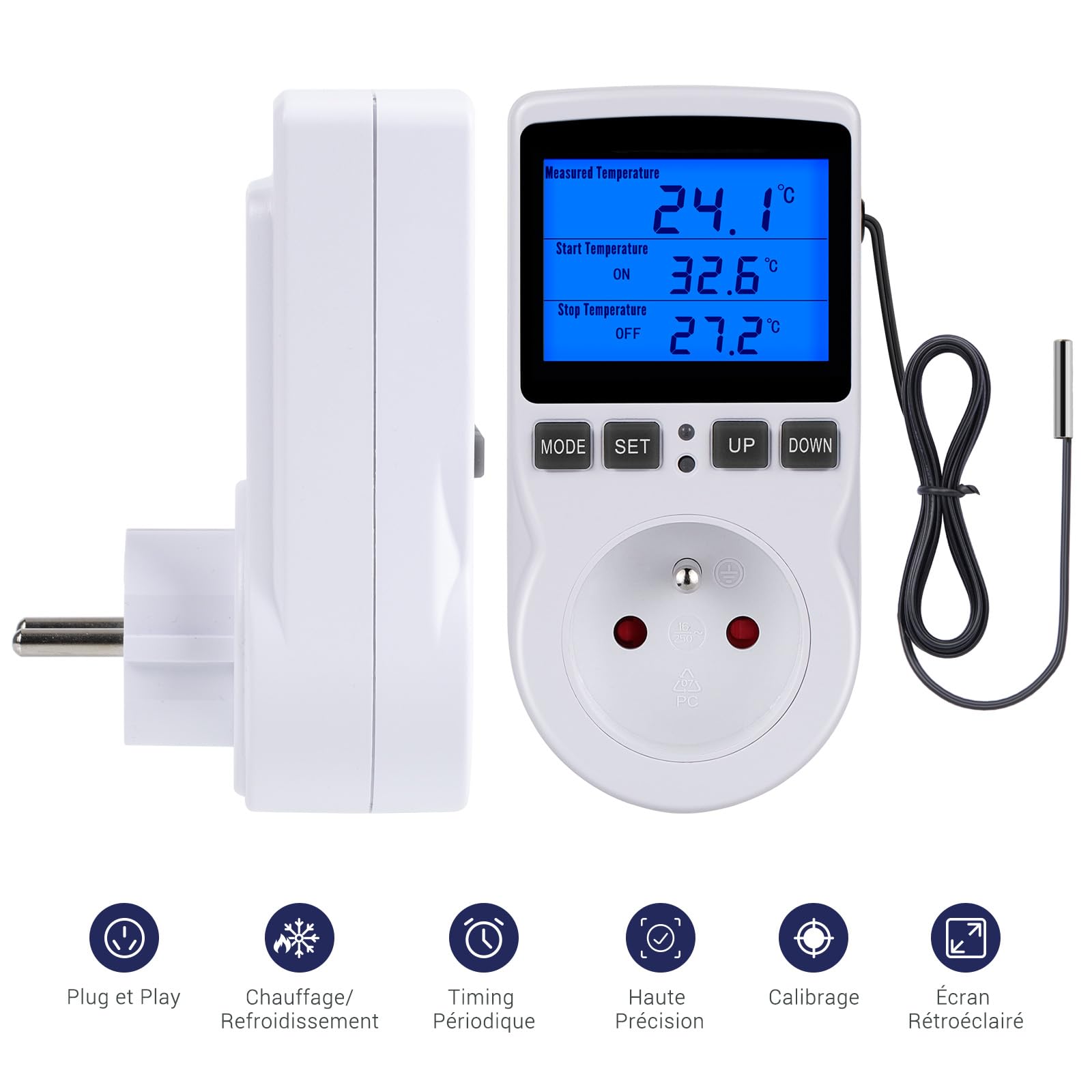 Inkbird Prise Thermostat, Thermostat Terrarium avec Ecran LCD et Sonde, Regulateur de Température Numerique Thermostat Chauffage Refroidissement pour Serre,Reptiles(FR Prise)