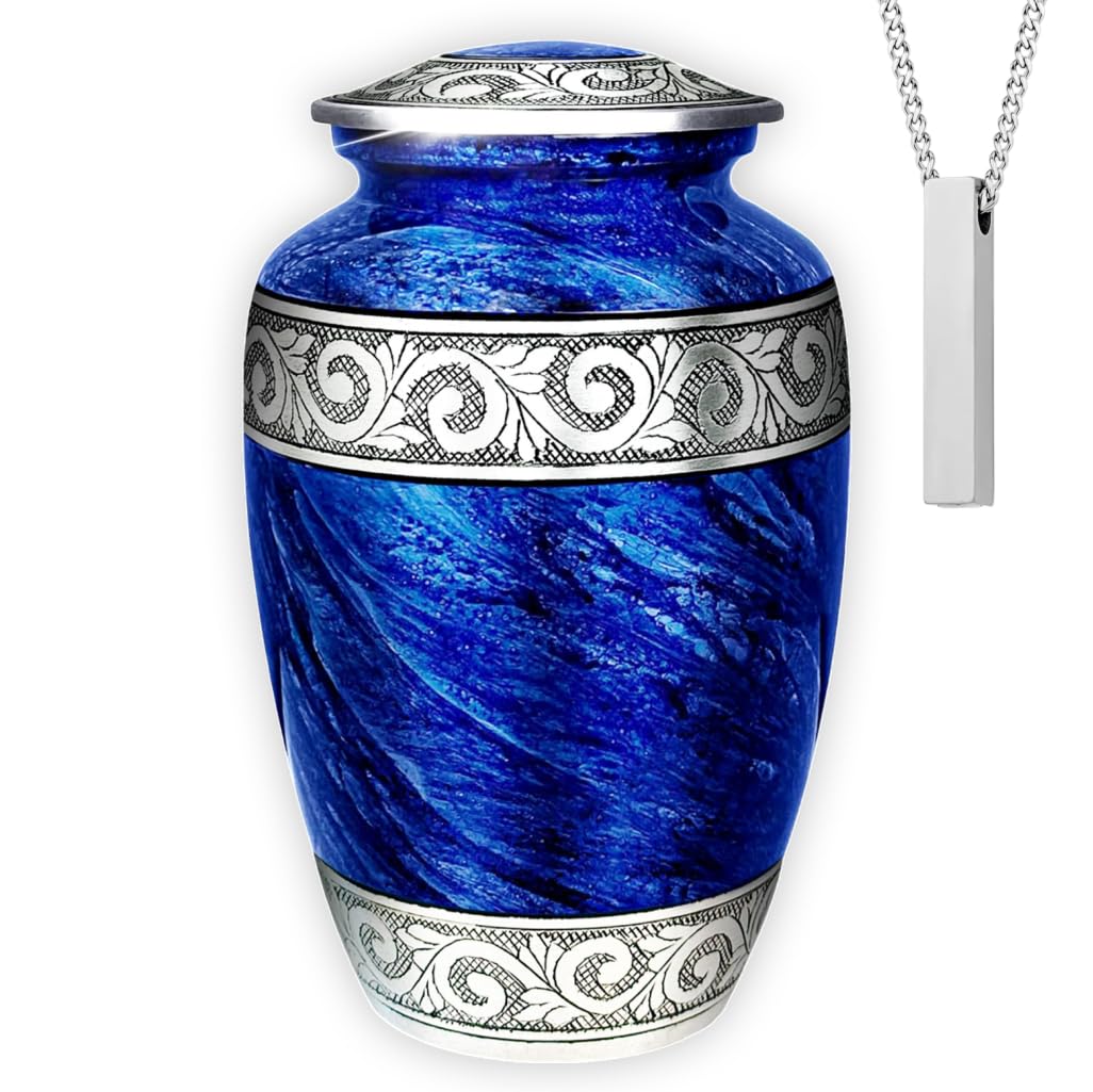 Set of 2 Eternal Blue Cremation Urn for Human Ashes – Adult Male & Female 1 Large Urn with 1 Memorial Necklace