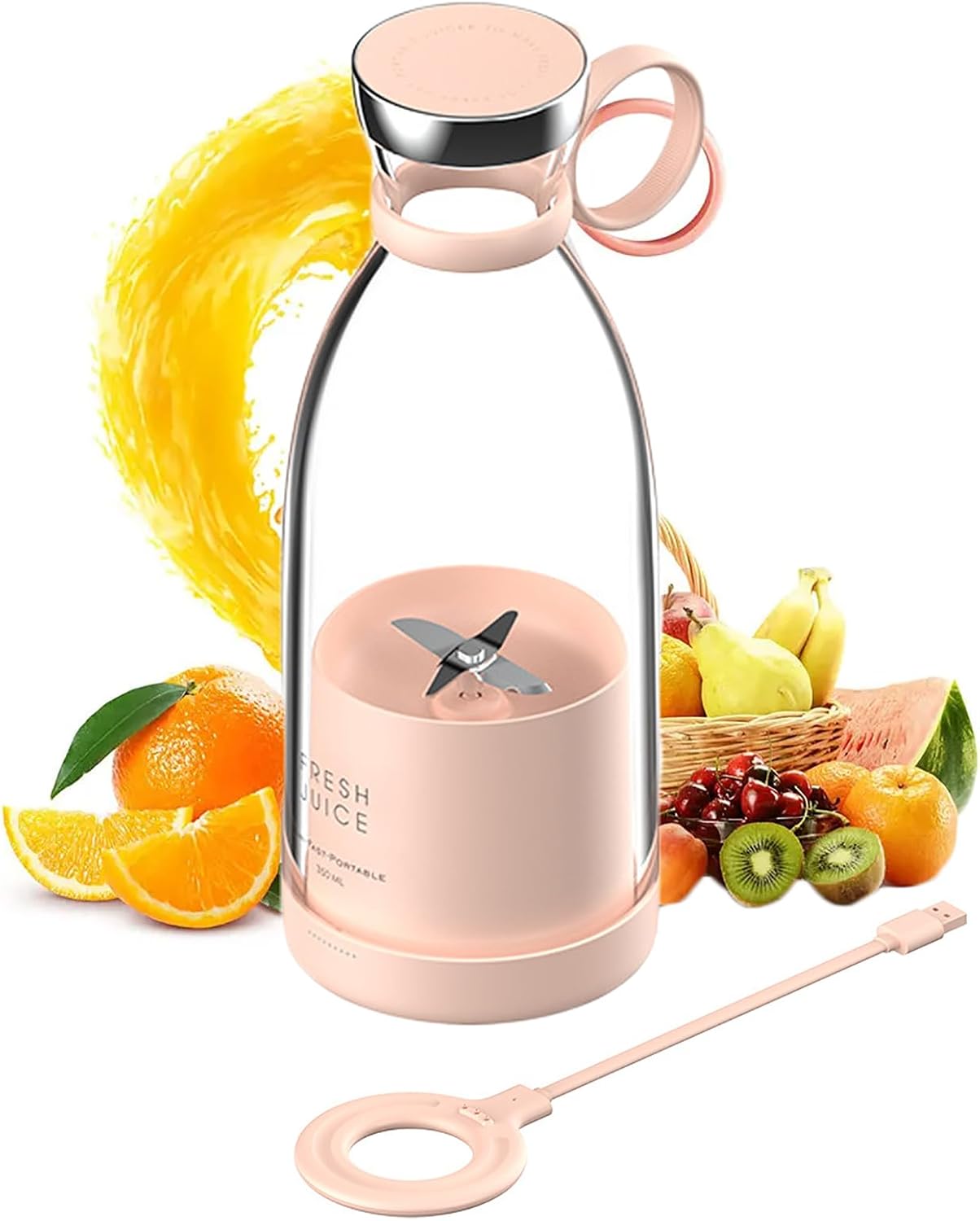 Portable Blender Cup, Personal Size Juicer with 350ml Capacity and 4 Blades, Excellent Mixing Ability and Easy to Clean, USB Magnetic Charging for Breakfast, Travel, Vacation