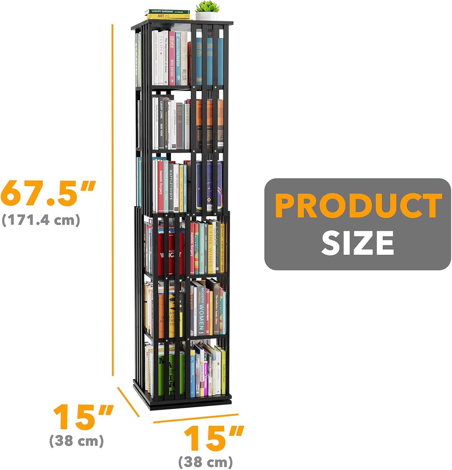 spaceaid 6 tier rotating bookshelf tower, bamboo spinning book shelf, revolving 360 bookcase storage swivel round carousel, vertical rotate turning spiral corner organizer (6-tier black) 6 tier, 67.5" h black