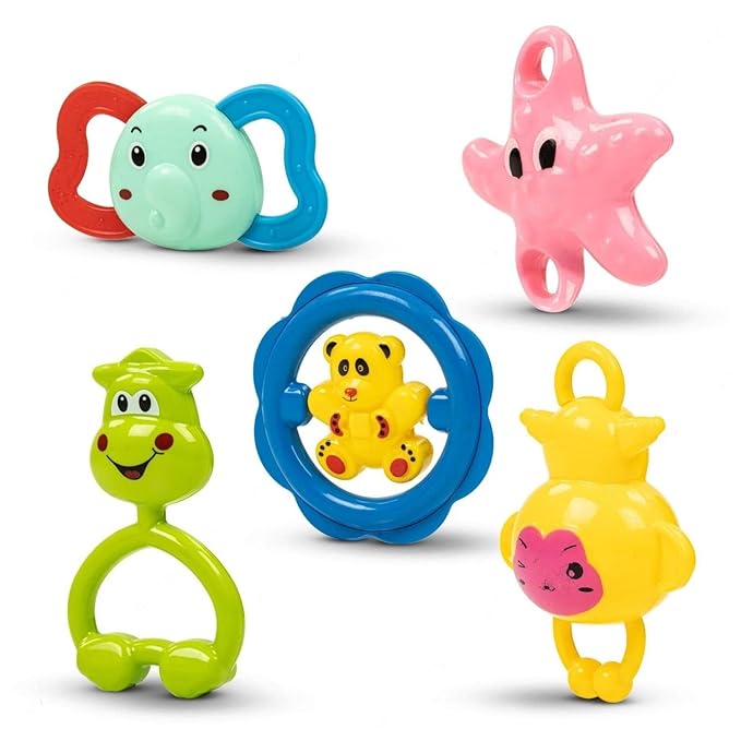 Kids Mandi® Rattle & Teether Set of 5 Pcs | Non Toxic and Suitable for Babies, Toddlers and Infants | Gift for New Born (BIS Approved),