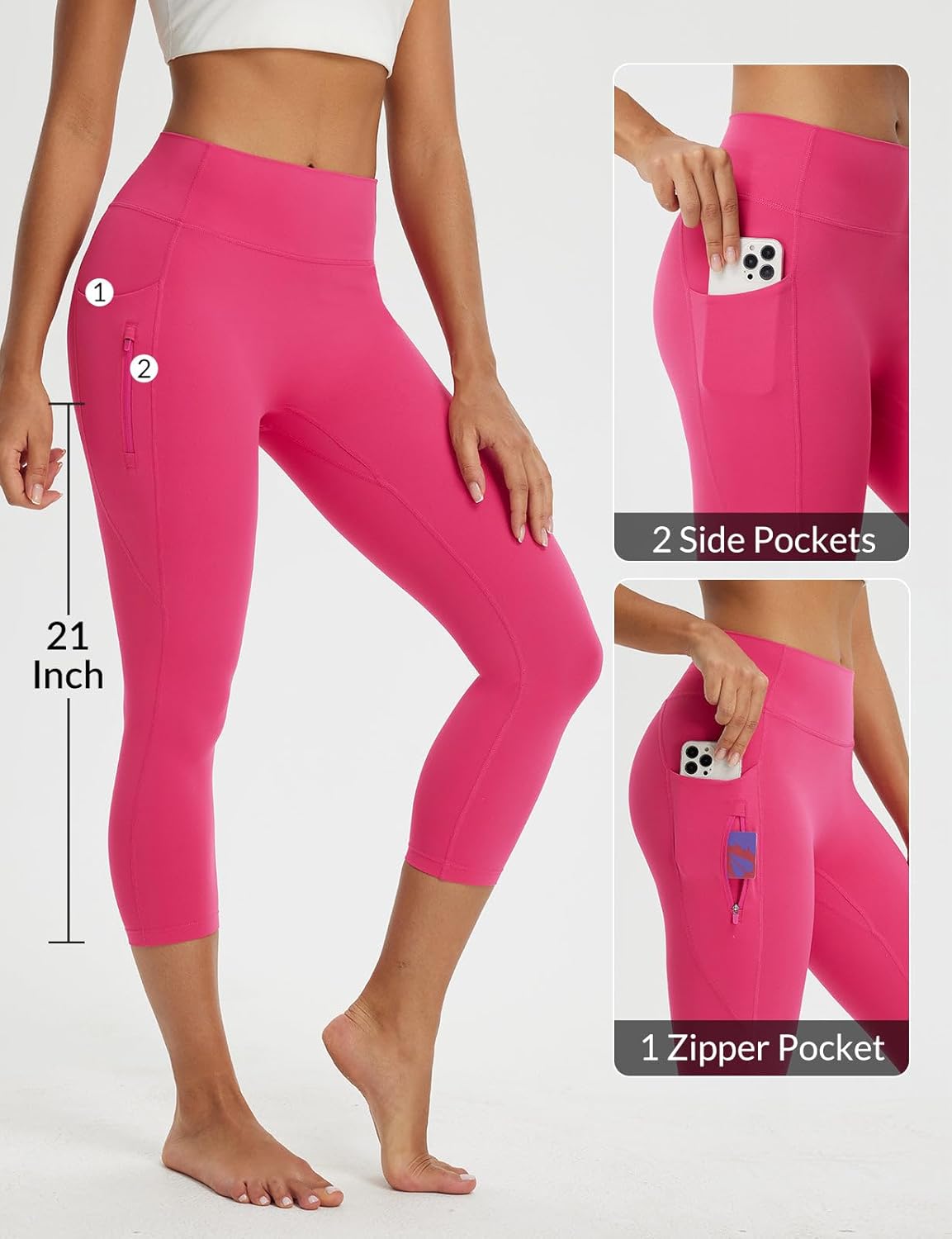 baleaf Women's Capri Leggings with 3 Pockets Tummy Control 21" Inseam Workout Capris Yoga Pants - Image 3