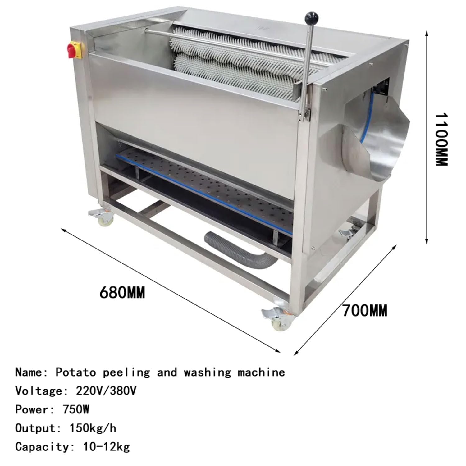 Elektryczna obieraczka do ziemniaków 750 W, komercyjna maszyna do czyszczenia szczotek z ruchomymi kółkami i automatycznym drenażem, pojemność 10-12 kg do ziemniaków i warzyw korzeniowych
