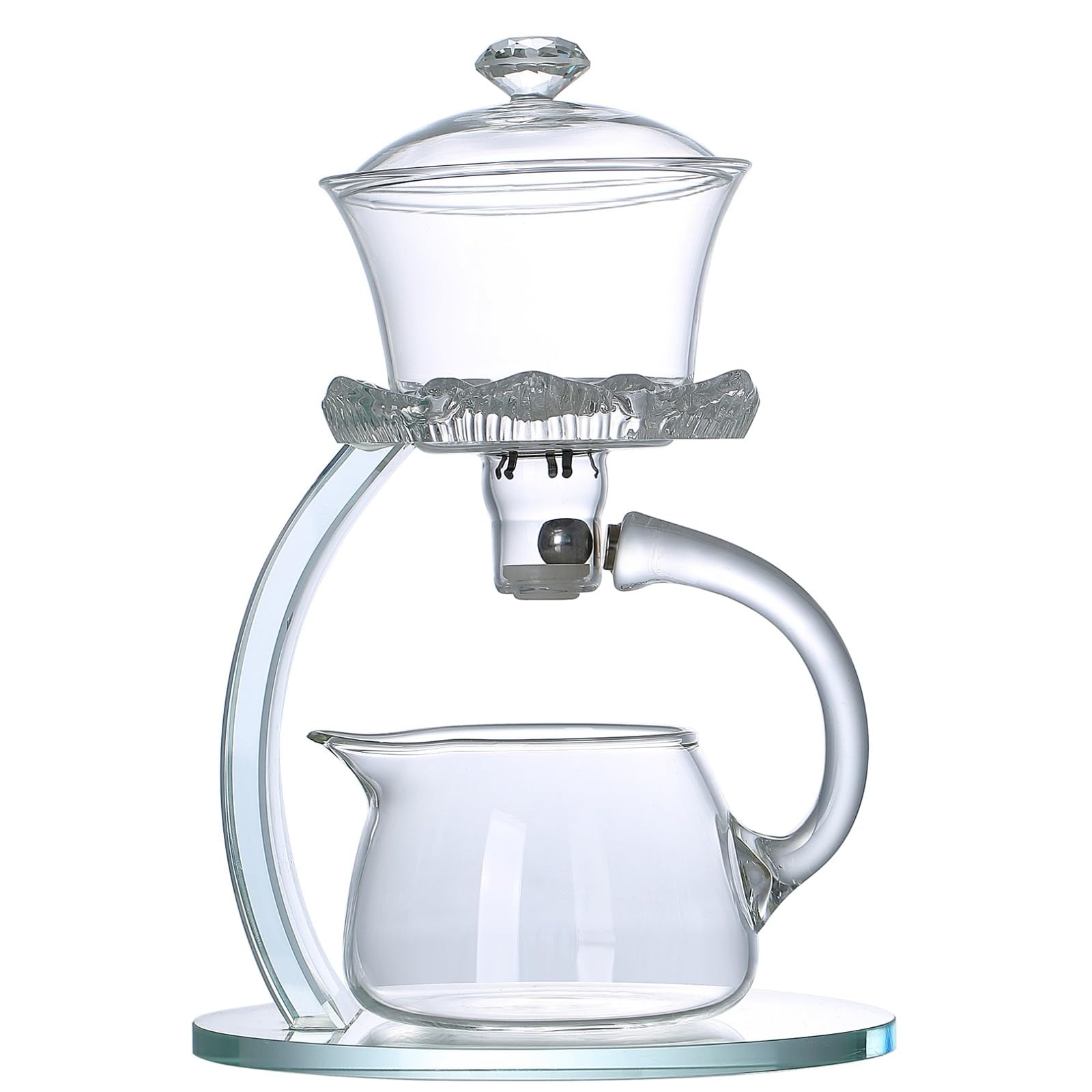 Półautomatyczny szklany czajniczek, Lazy Kungfu Drip Teapot z zaparzaczem, wzór kwiatu lotosu, żaroodporny szklany zestaw do herbaty, odpowiedni do recepcji w domu/biurze (przezroczysty,