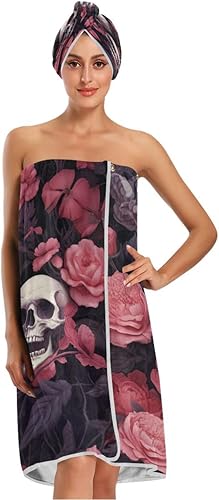 Kigai Juego de 3 toallas de flores de calavera para mujer, con cierre ajustable, bata de baño suave y ligera con gorro de pelo seco y diadema, A37
