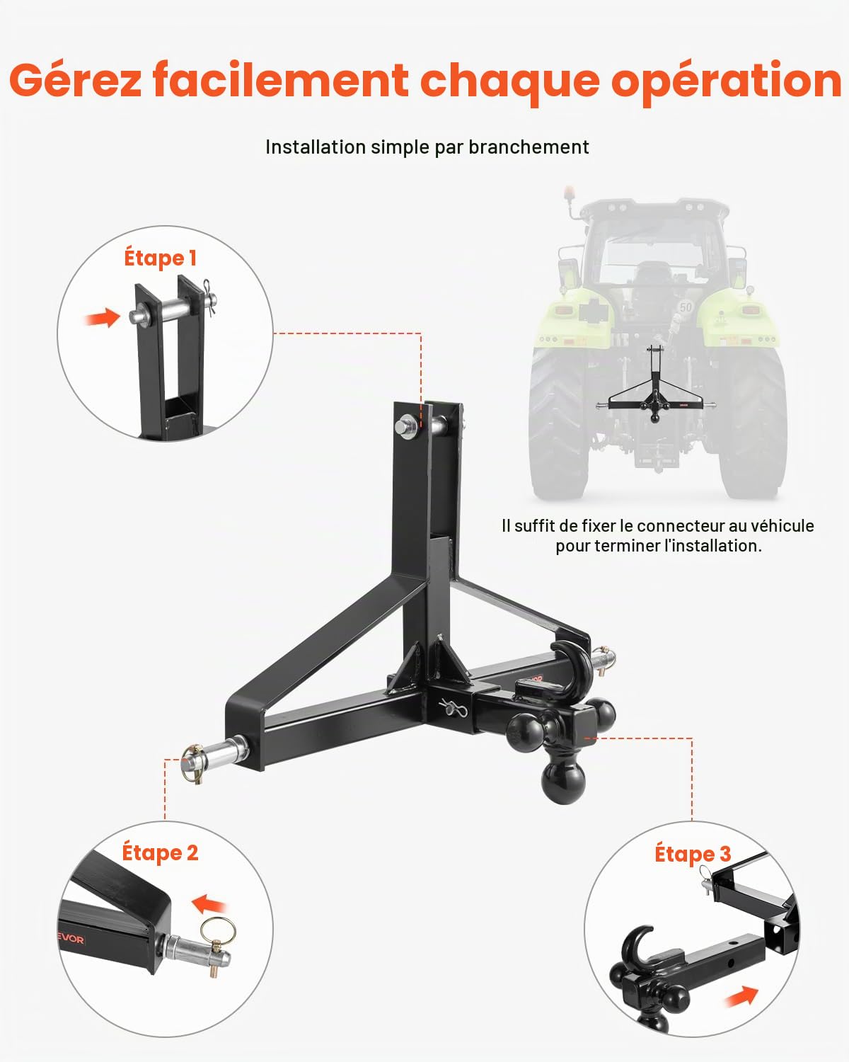 VEVOR Attelage 3 Points avec Récepteur 5 cm, Fixation Rapide 3 Points, avec 3 Boules de Remorquage, Adaptateur Barre de Remorquage pour Effectuer Travaux Agricoles pour Plupart Tracteurs Attelage 5 cm