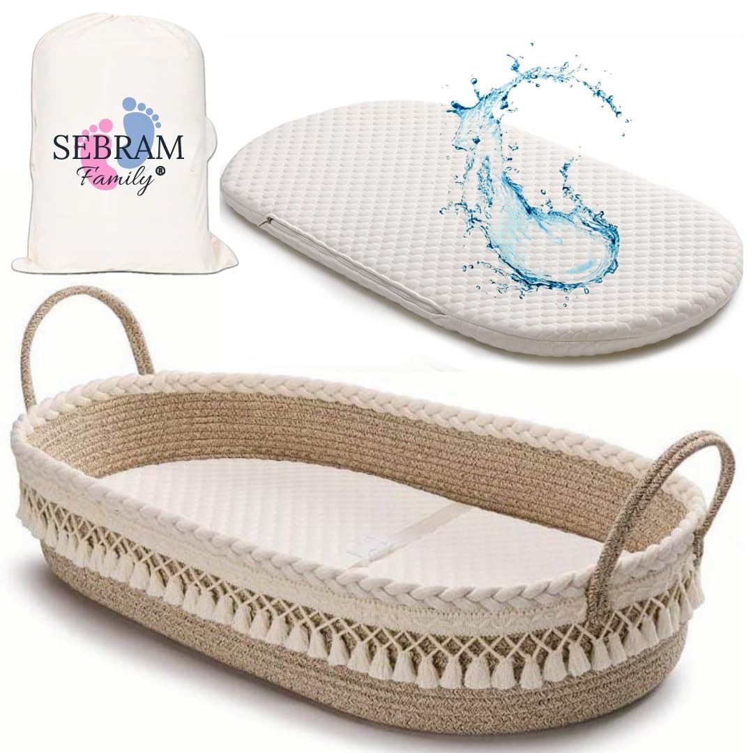 SEBRAM Cesta Cambiador Bebé + Colchón cambiador Impermeable limpieza rápida suave y acolchado - Cambiador de pañales Portátil y Plegable con Bolsa de Viaje | Diseño Elegante Boho (Beige)
