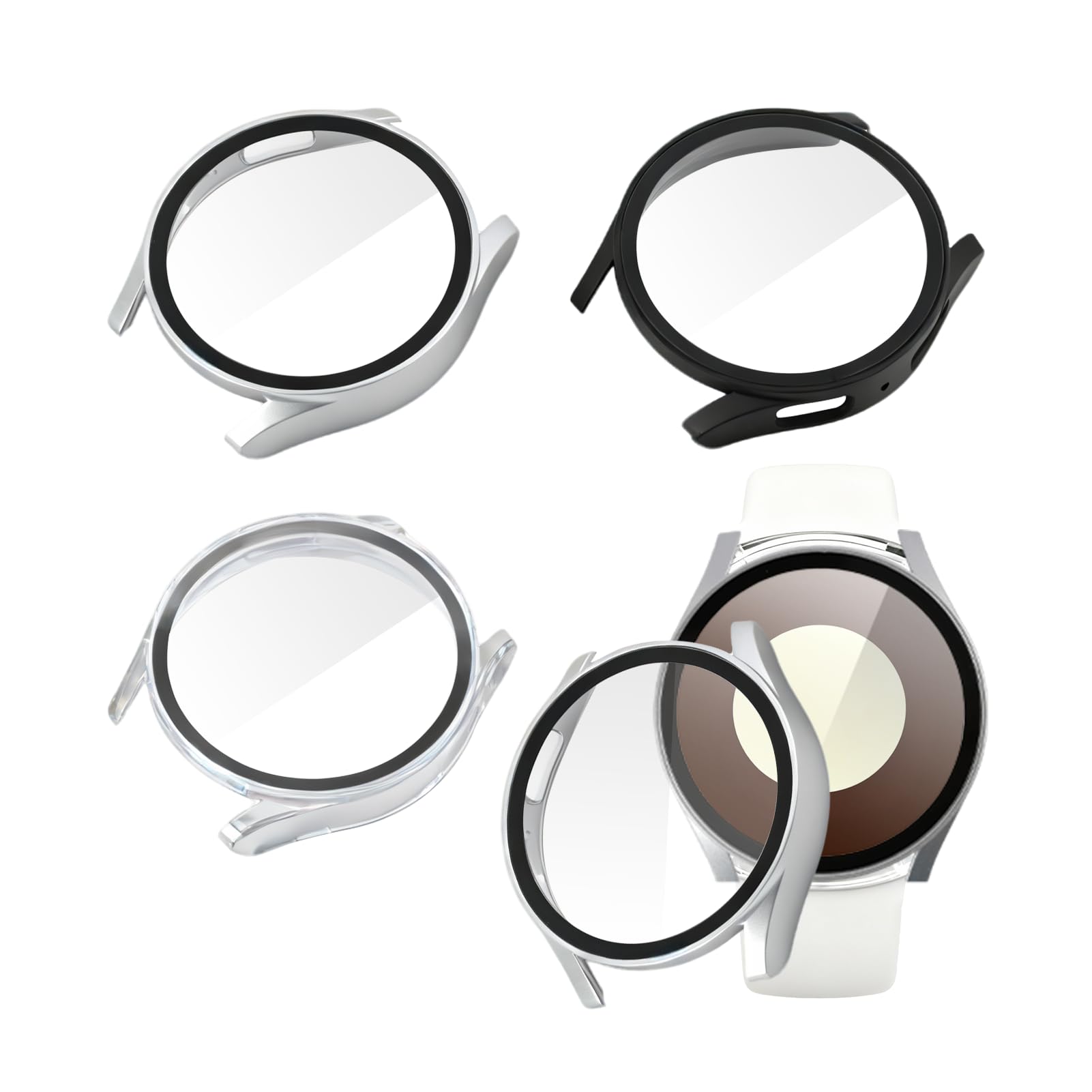3 Piezas Funda Compatible con Samsung Galaxy Watch 7 40mm, Protector Pantalla, Funda con Vidrio Templado 9H Alta Definición, Protección Completa Antiarañazos Antigolpes (Transparente, Negro, Plateado)