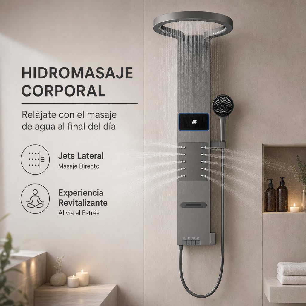 INEX EUROPA Panel de Ducha Termostática de Lujo Gris Titanio - Columna de Ducha Hidromasaje 10 Años de Garantía con 4 Modos de Operación - Torre de Ducha 105 cm Altura Daytona Collection