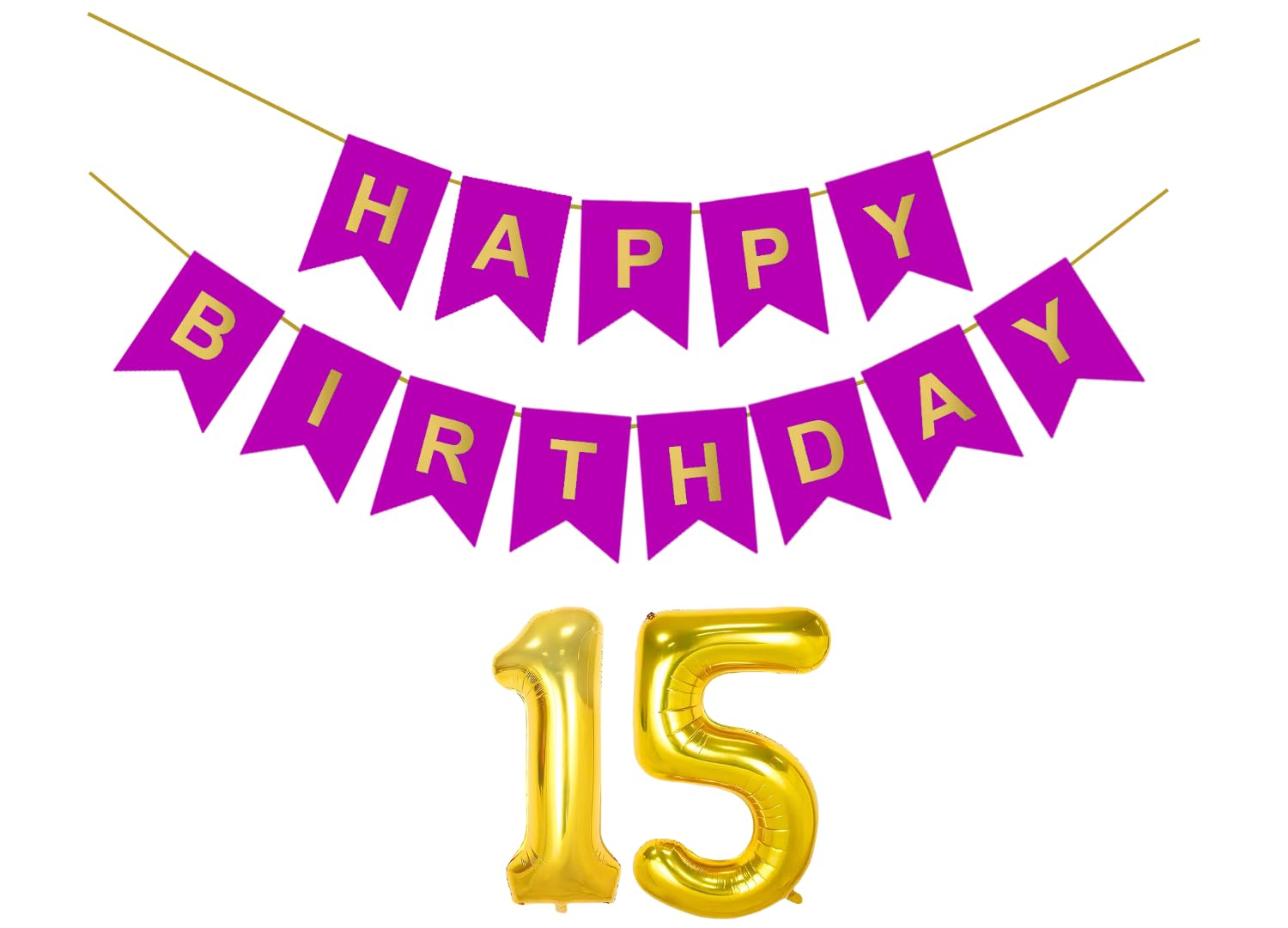 Flyloons 15th Purple Colour Happy Birthday Banner Decoration Kit for 15 year Old Boys Girls Teenage | with Number Fifteen | 13 Pcs Reusable Cardstock Happy Birthday Paper Banner